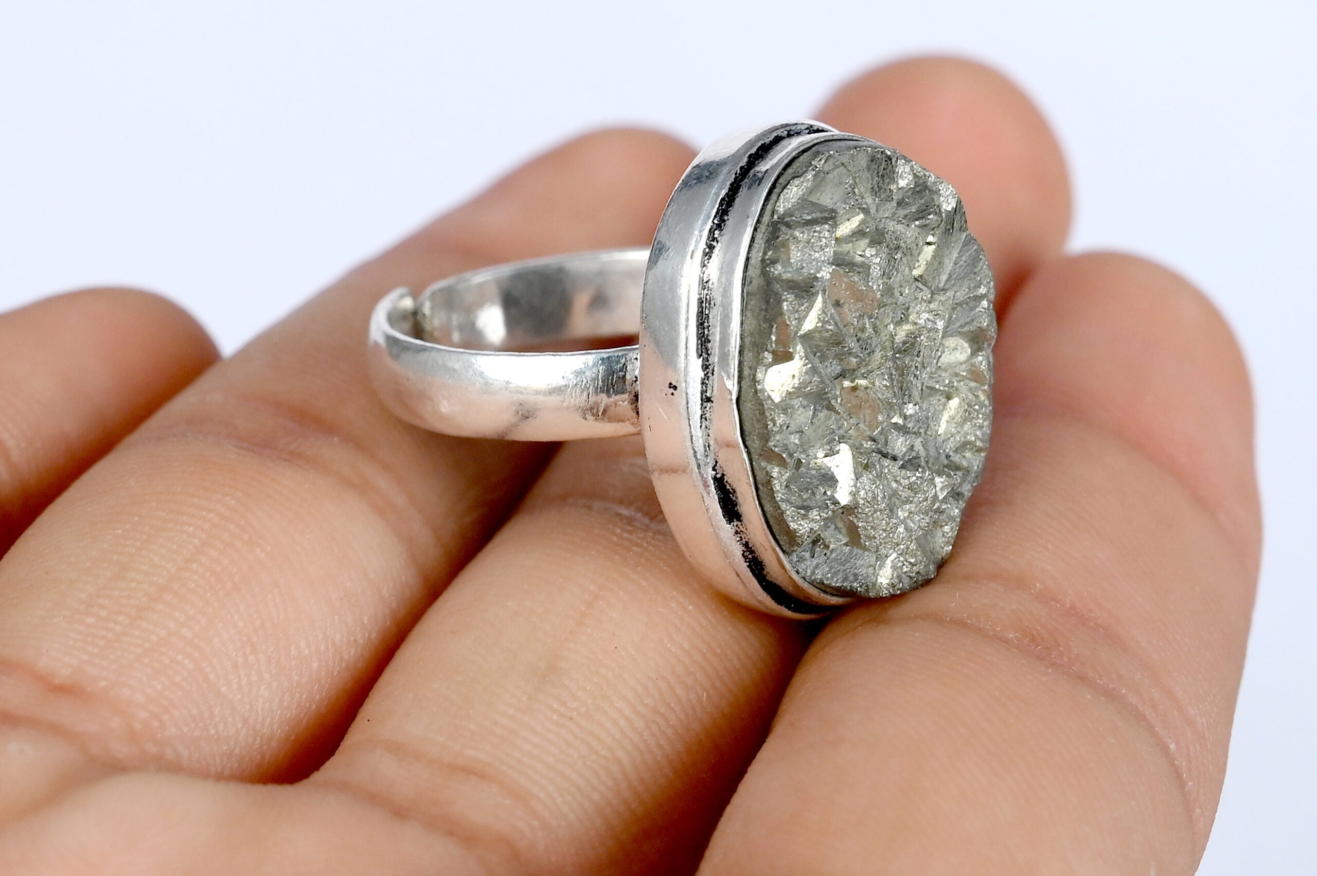 Natural Pyrite Geod Unisex Adjustable Ring In Sterling Silver