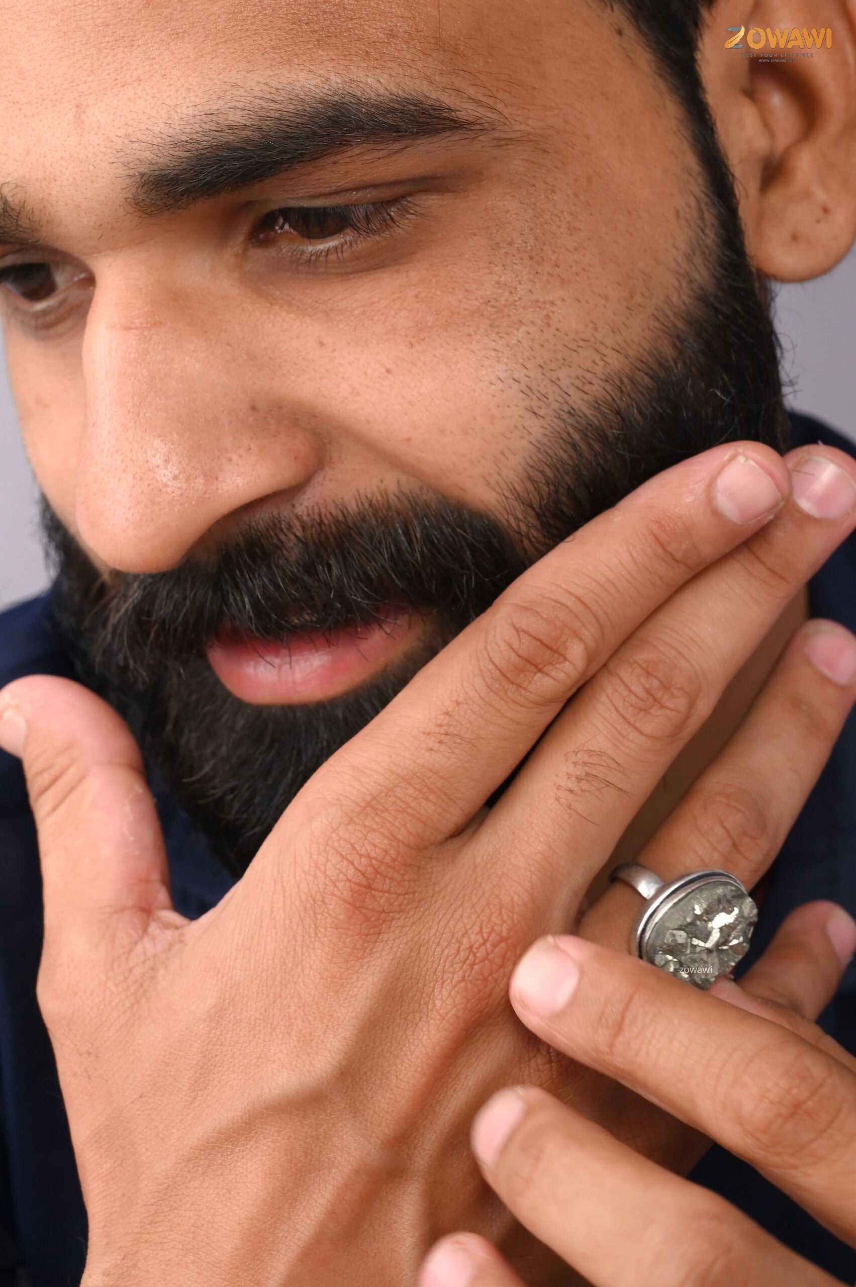 Natural Pyrite Geod Unisex Adjustable Ring In Sterling Silver