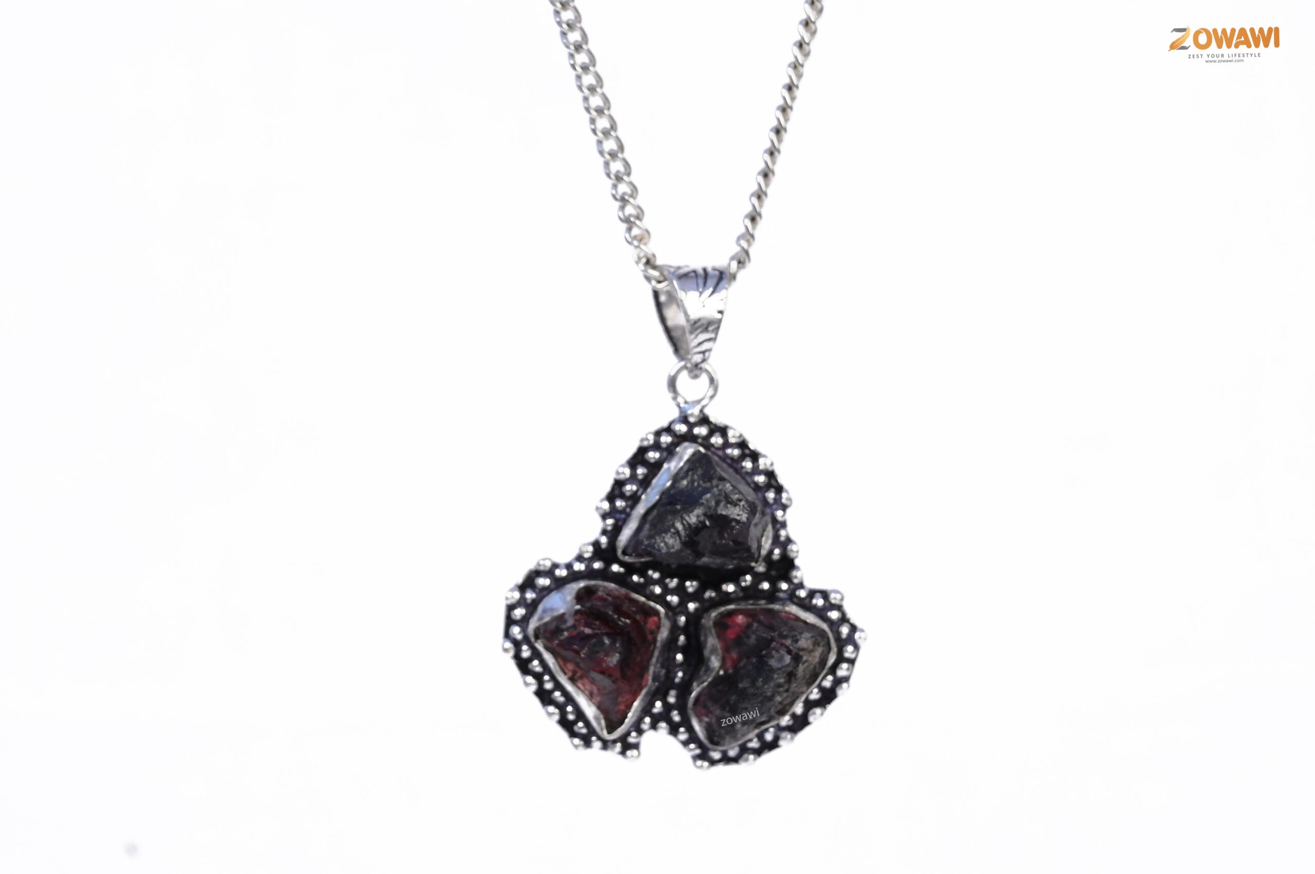 Natural Garnet Triple Stone Unisex Pendant In Sterling Silver