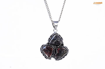 Natural Garnet Triple Stone Unisex Pendant In Sterling Silver