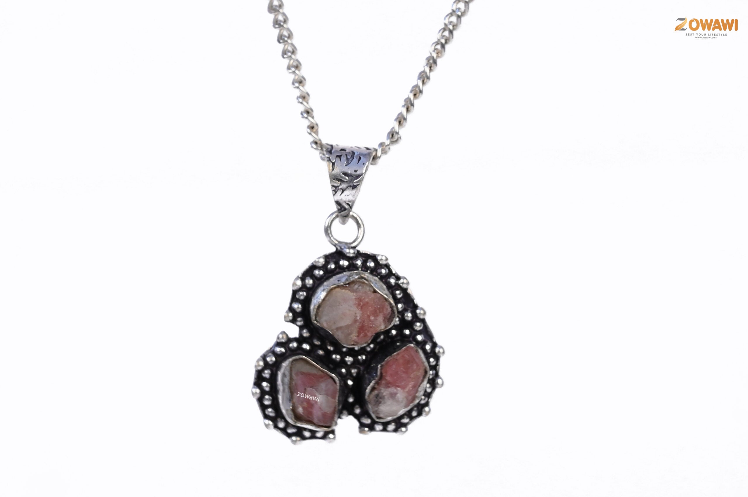 Natural Ruby Manek Triple Stone Unisex Pendant In Sterling Silver