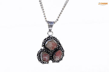 Natural Ruby Manek Triple Stone Unisex Pendant In Sterling Silver