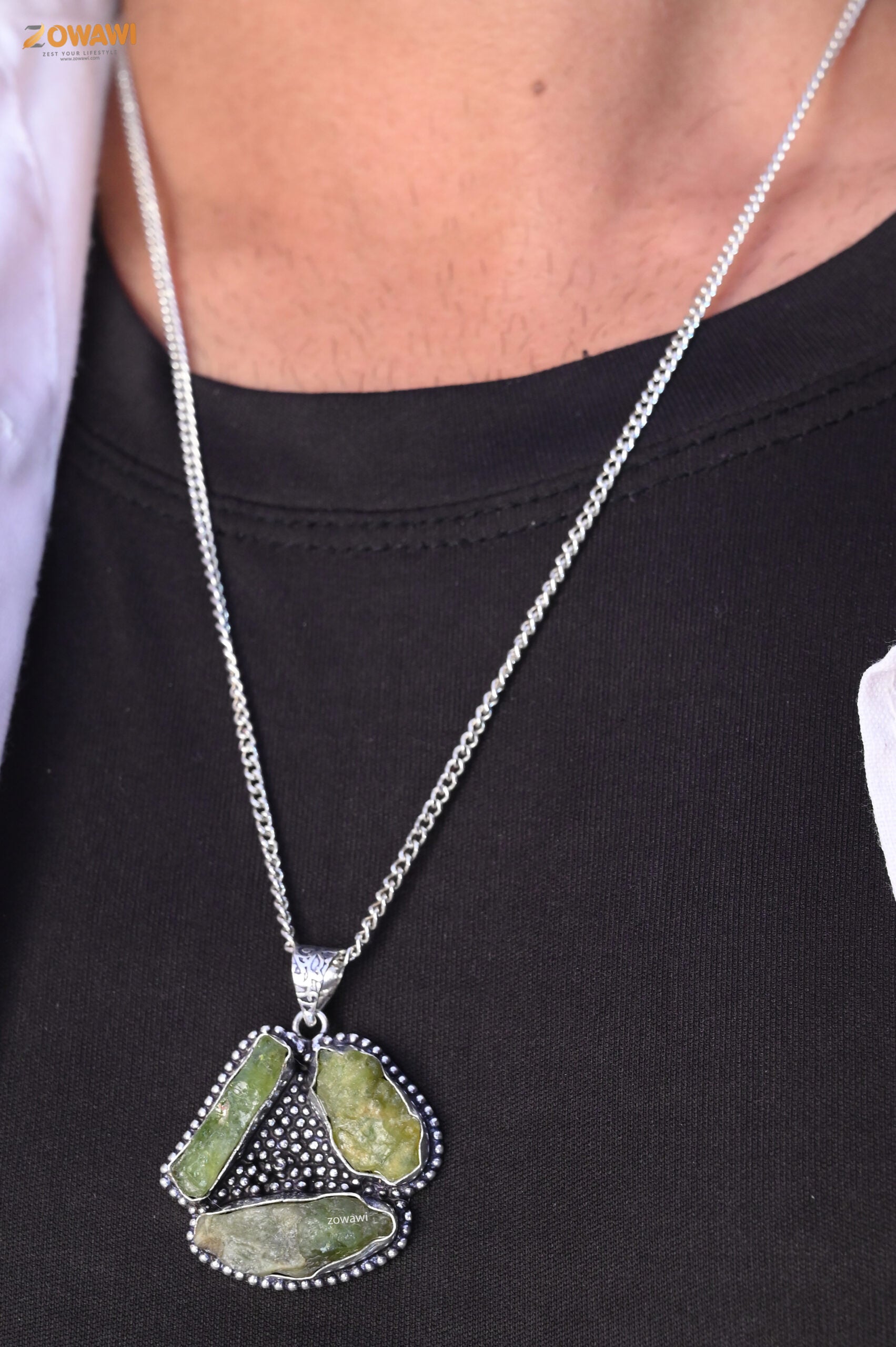 Natural Peridot Triple Stone Raw Pendant In Sterling Silver With Neck Chain