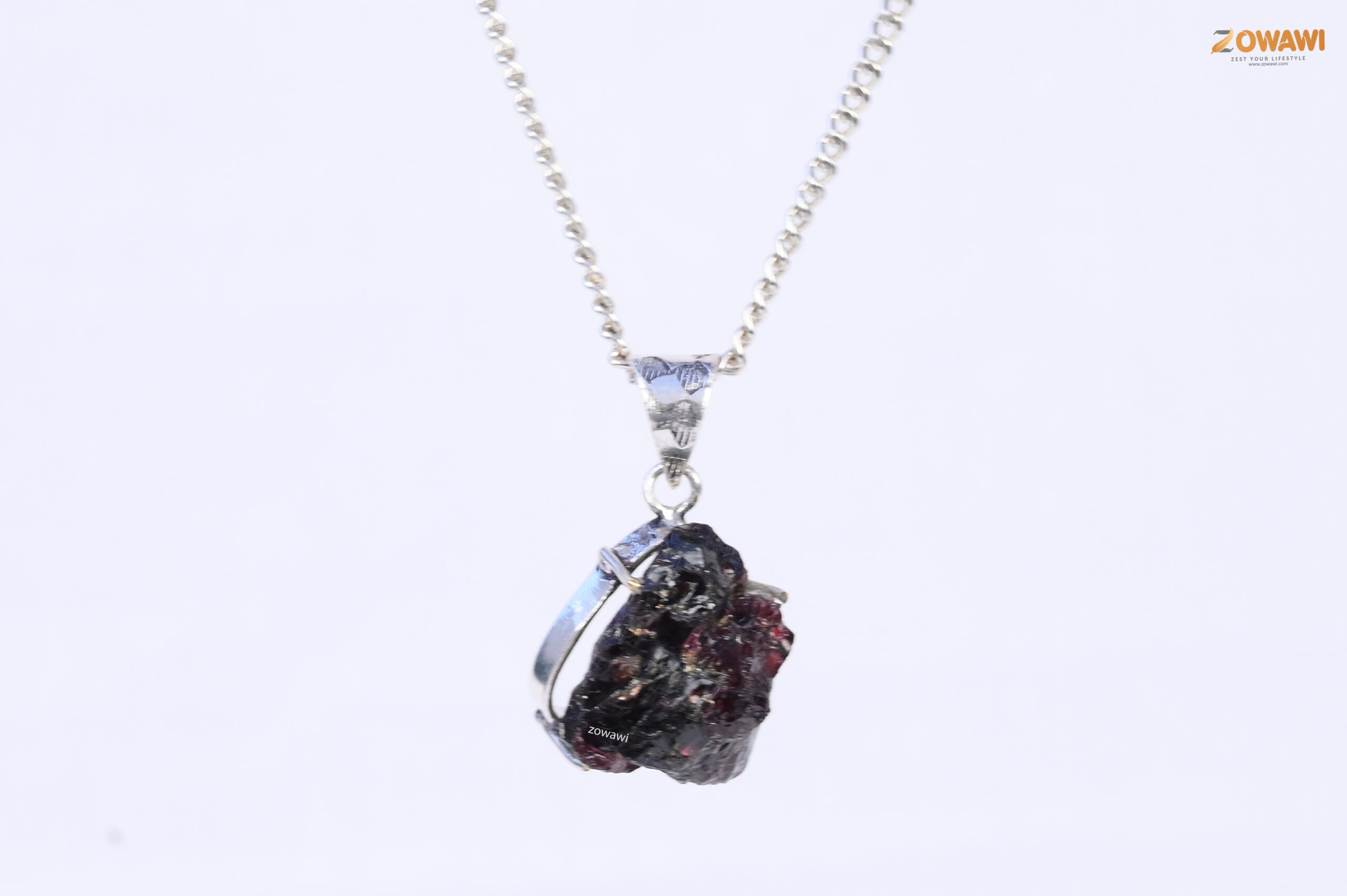 Natural Garnet Raw Unisex Pendant In Sterling Silver
