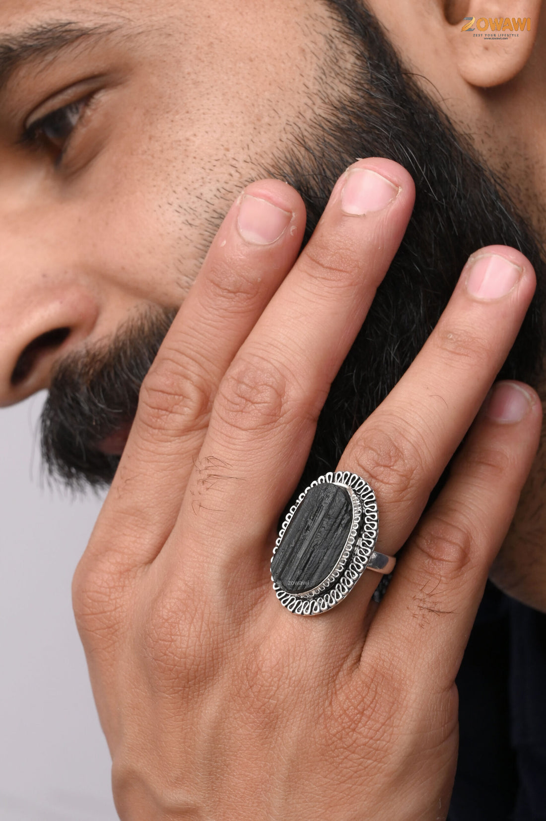Natural Black Tourmaline Adjustable Ring In Sterling Silver