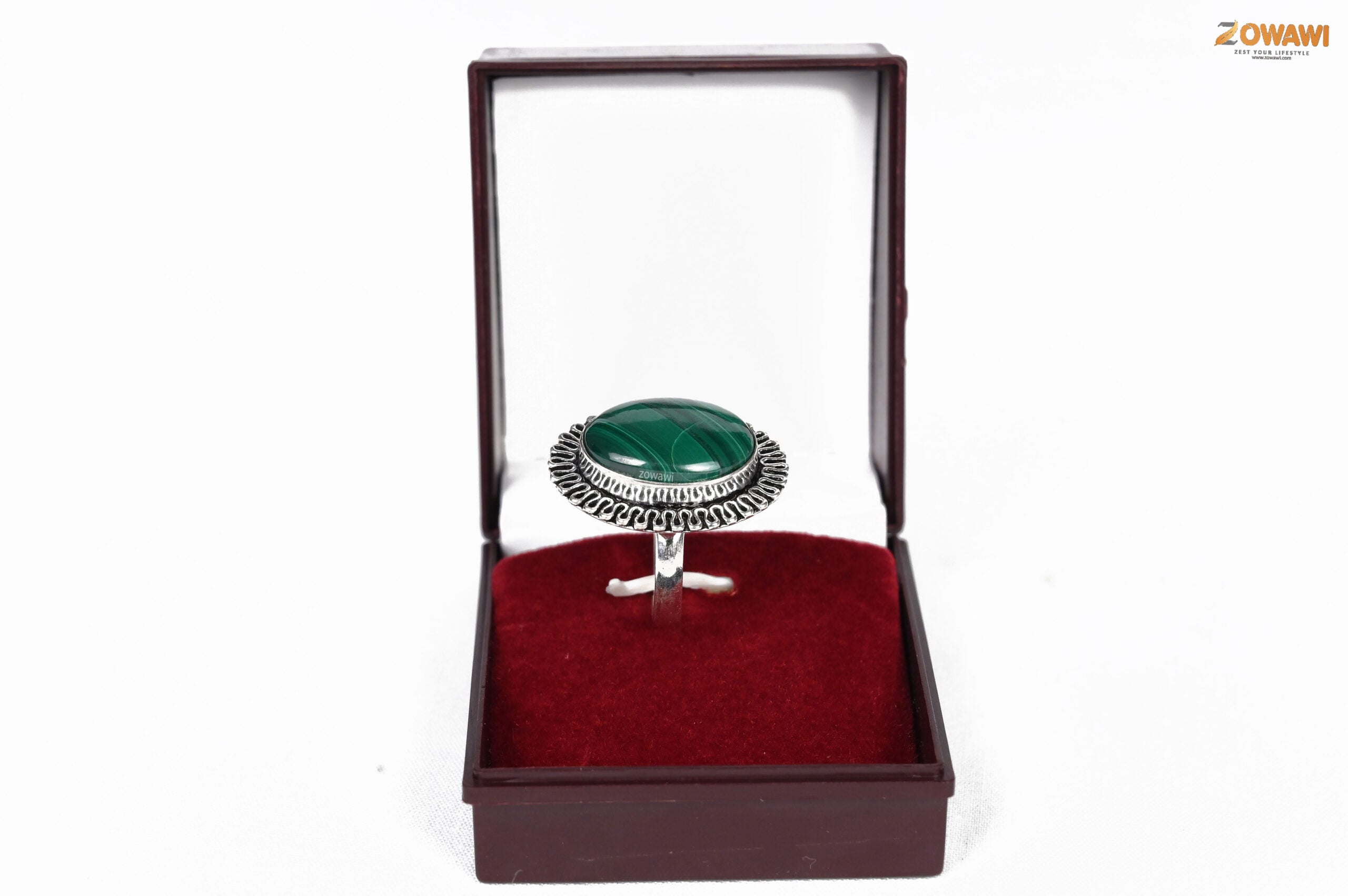 Natural Malachite Adjustable Ring In Sterling Silver