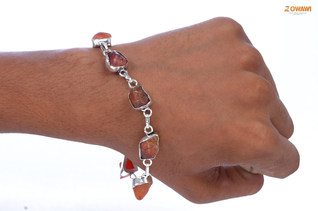 Natural Raw Carnelian Unisex Bracelet In Sterling Silver