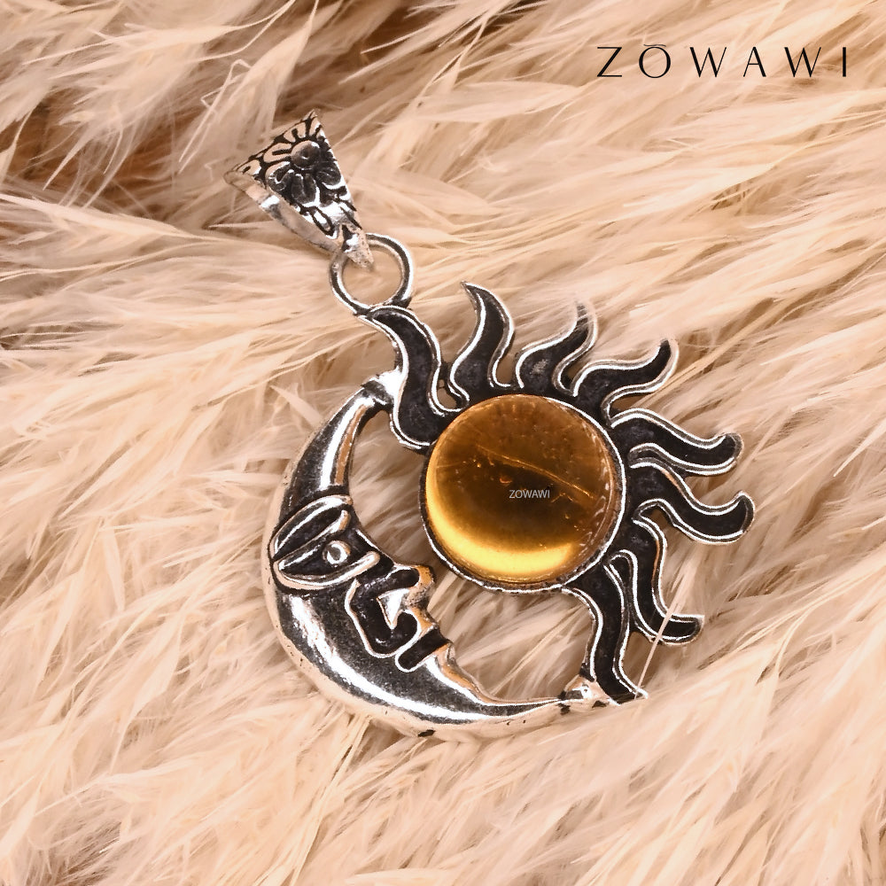 Energized Citrine Pendant With Sun moon Symbols