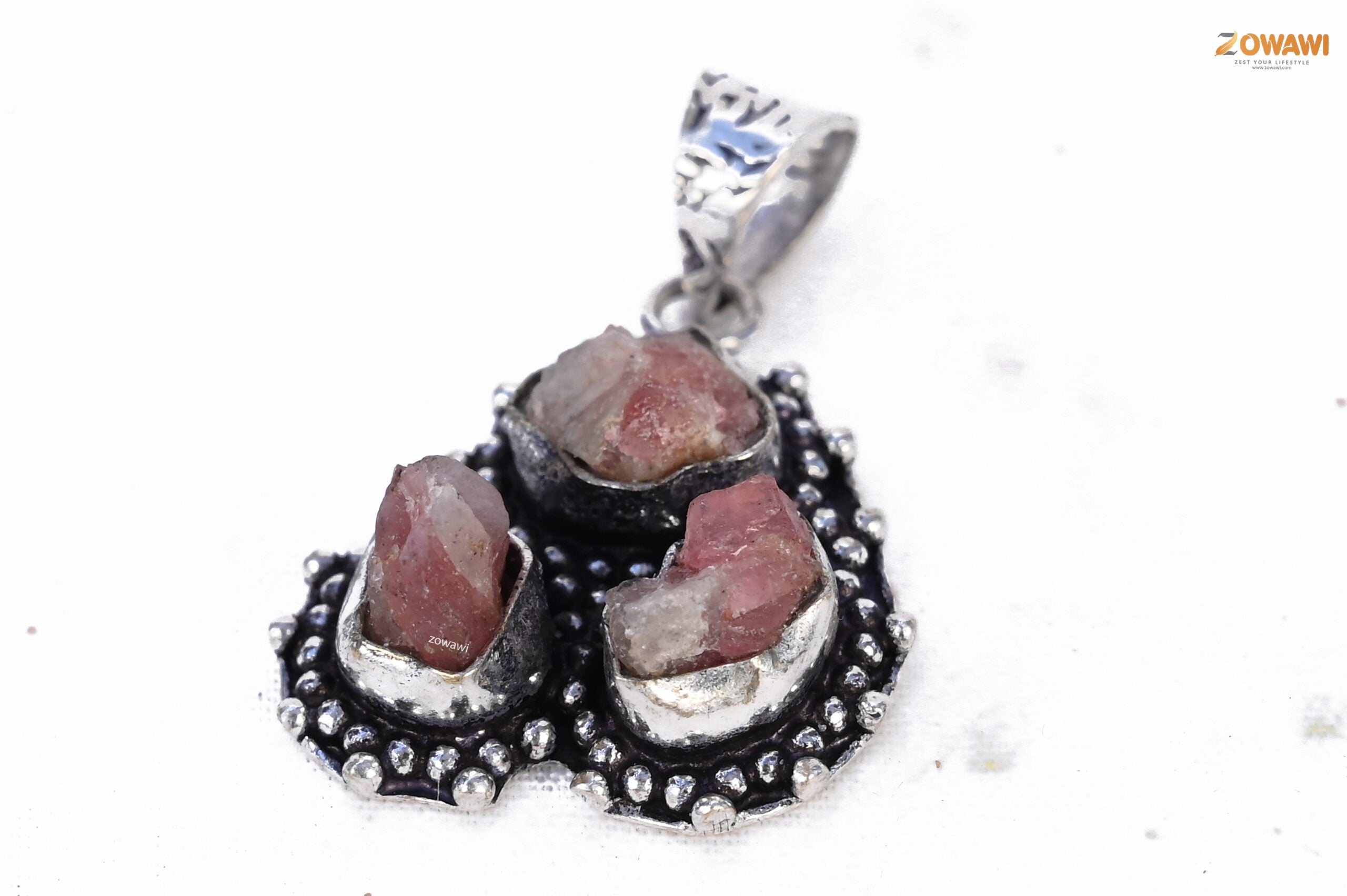 Natural Ruby Manek Triple Stone Unisex Pendant In Sterling Silver
