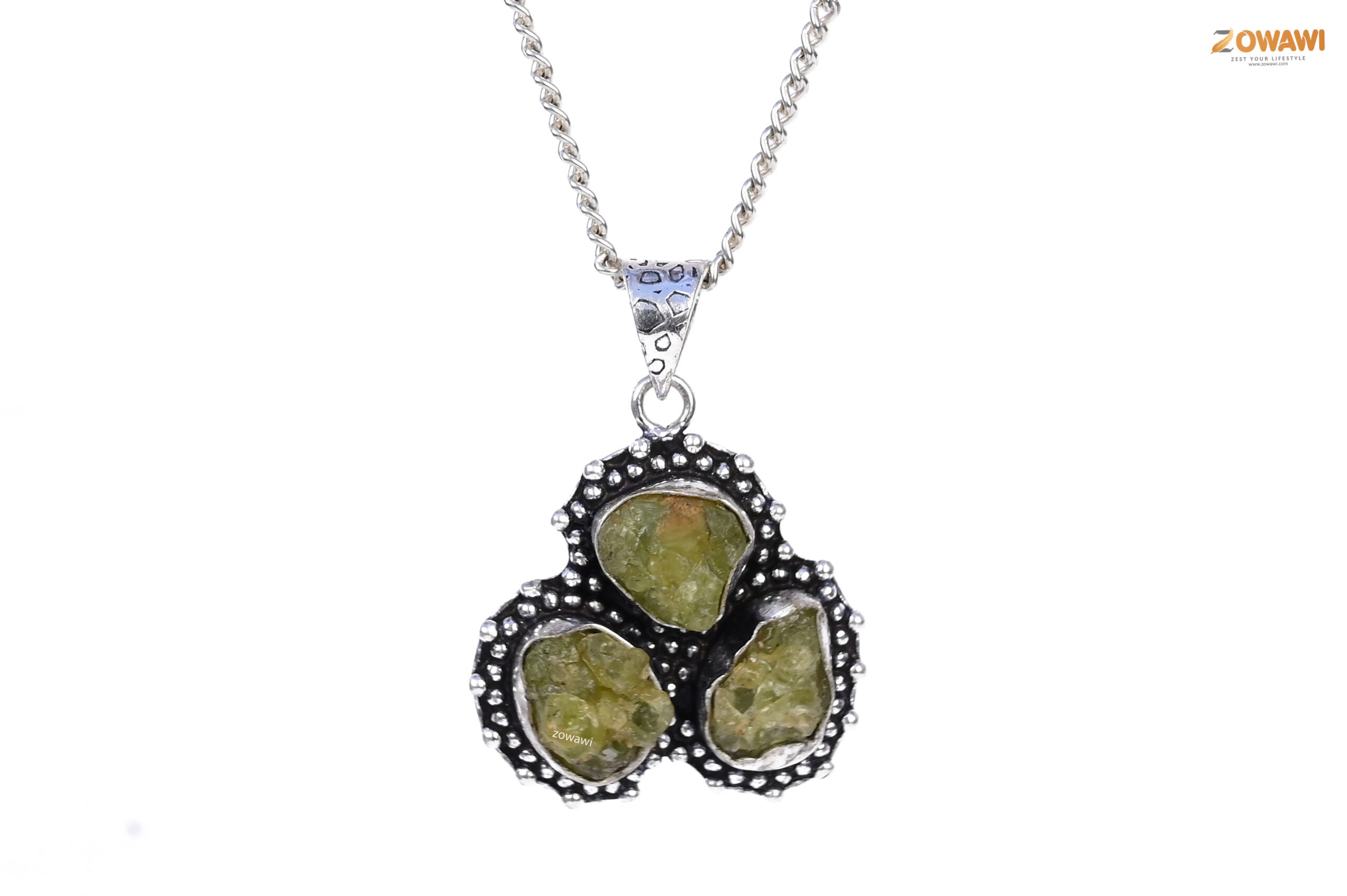 Natural Peridot Triple Stone Raw Pendant In Sterling Silver With Neck Chain