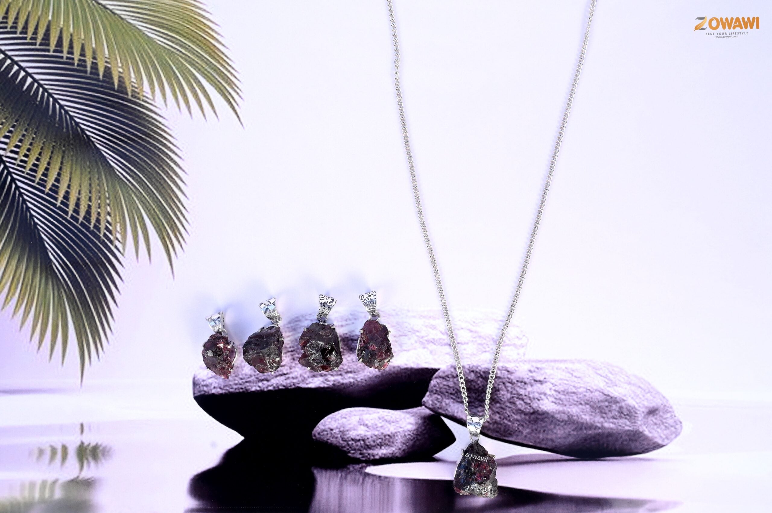 Natural Garnet Raw Unisex Pendant In Sterling Silver