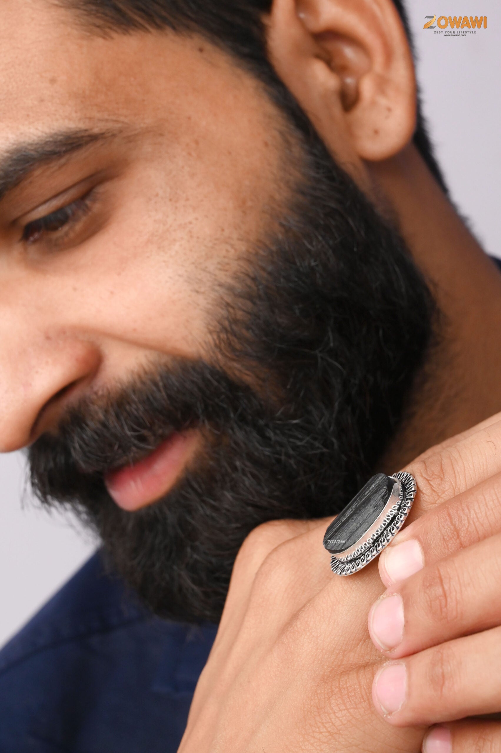 Natural Black Tourmaline Adjustable Ring In Sterling Silver