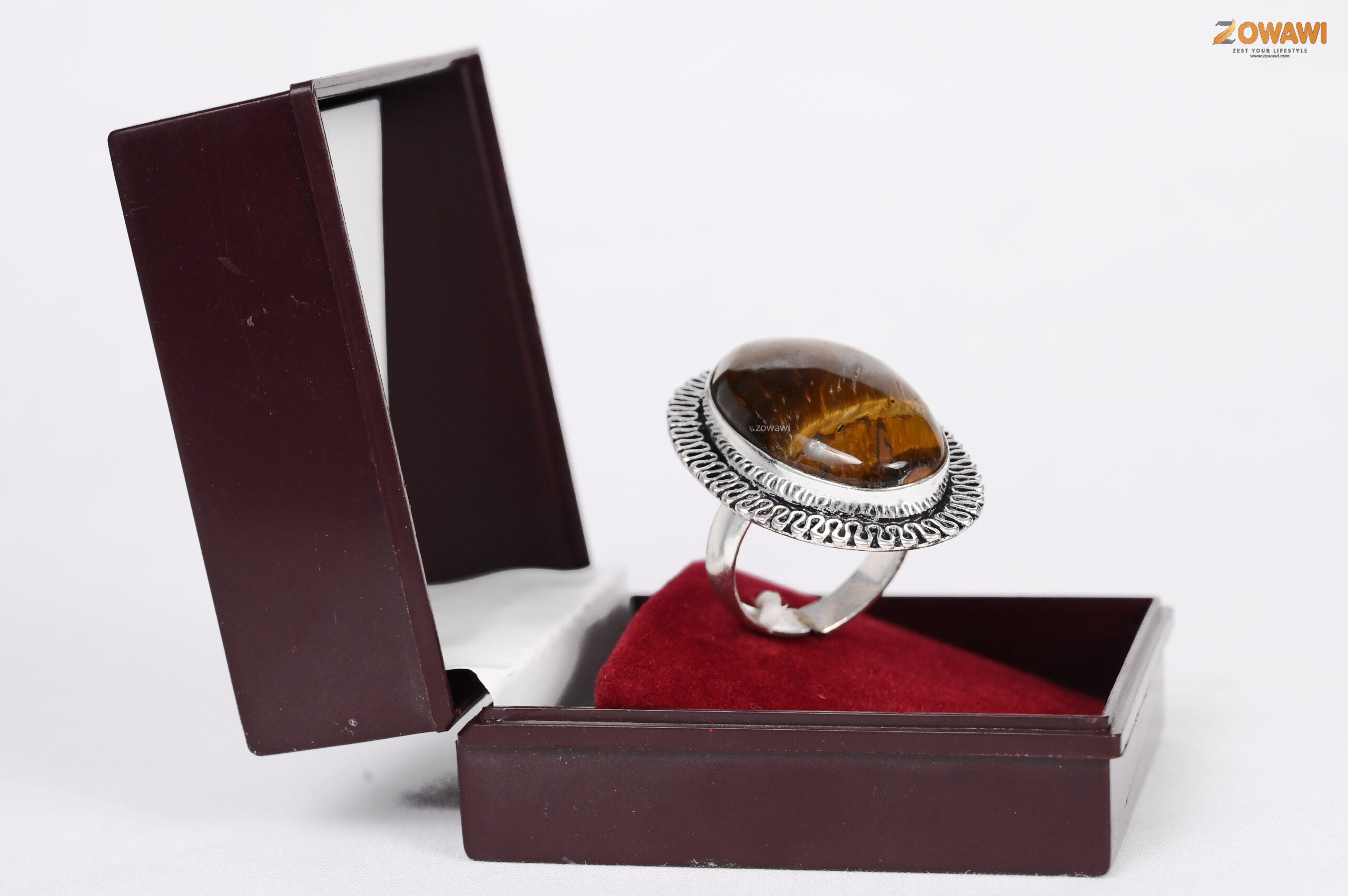 Natural Tiger Eye Adjustable Unisex Ring In Sterling Silver