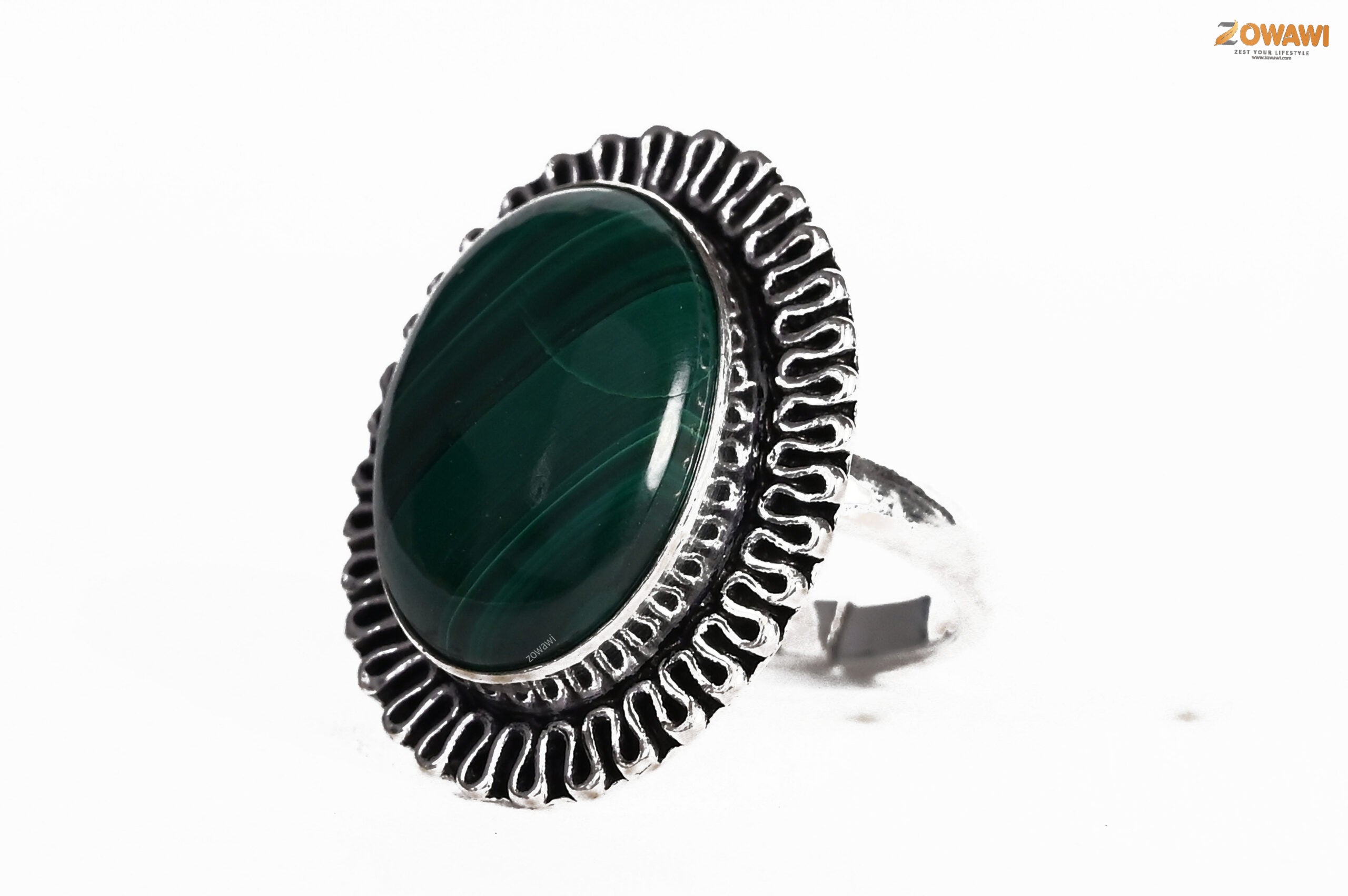 Natural Malachite Adjustable Ring In Sterling Silver