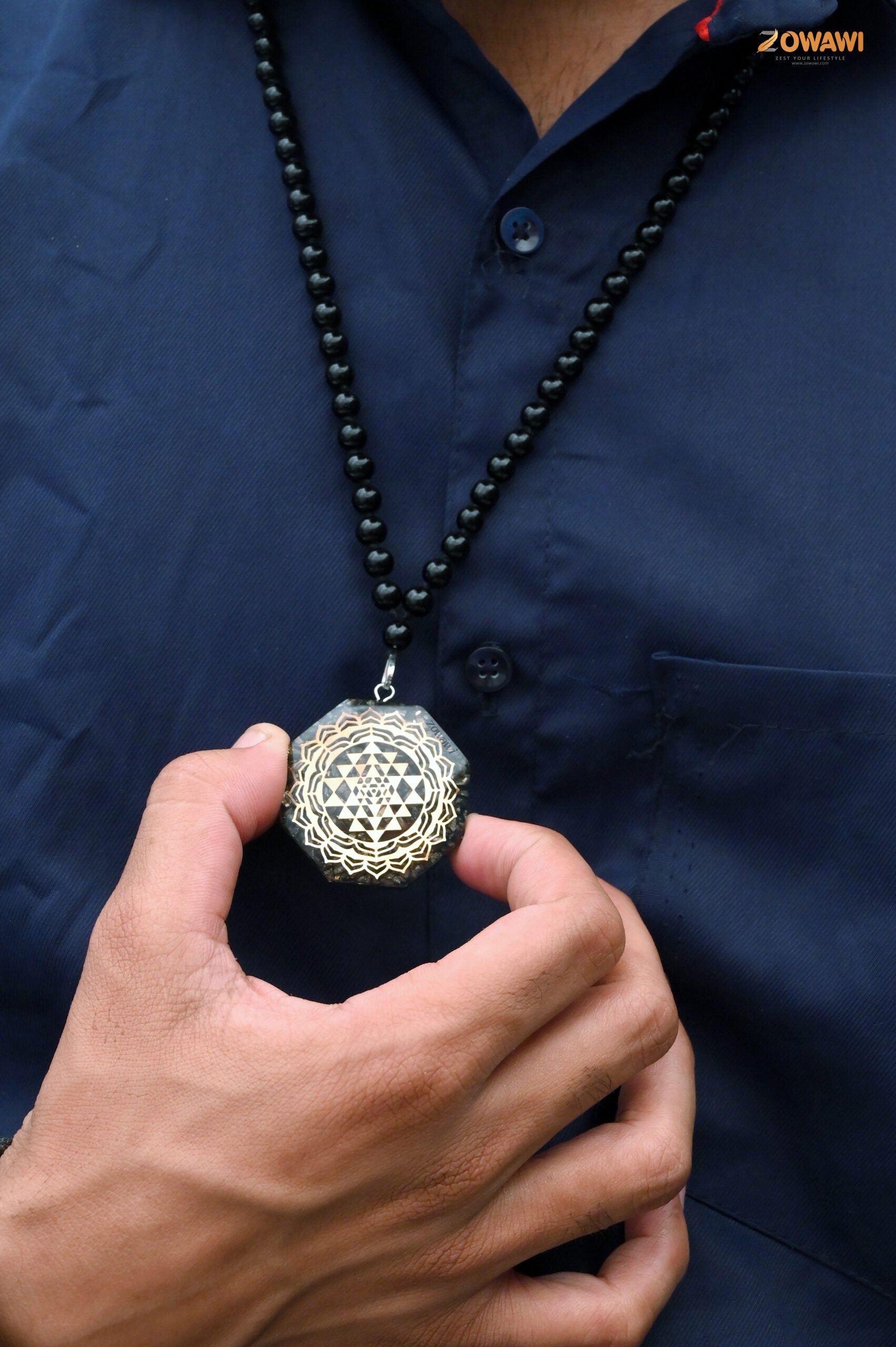 Natural Pyrite Orgone Pendant With Black Obsidian Rosary