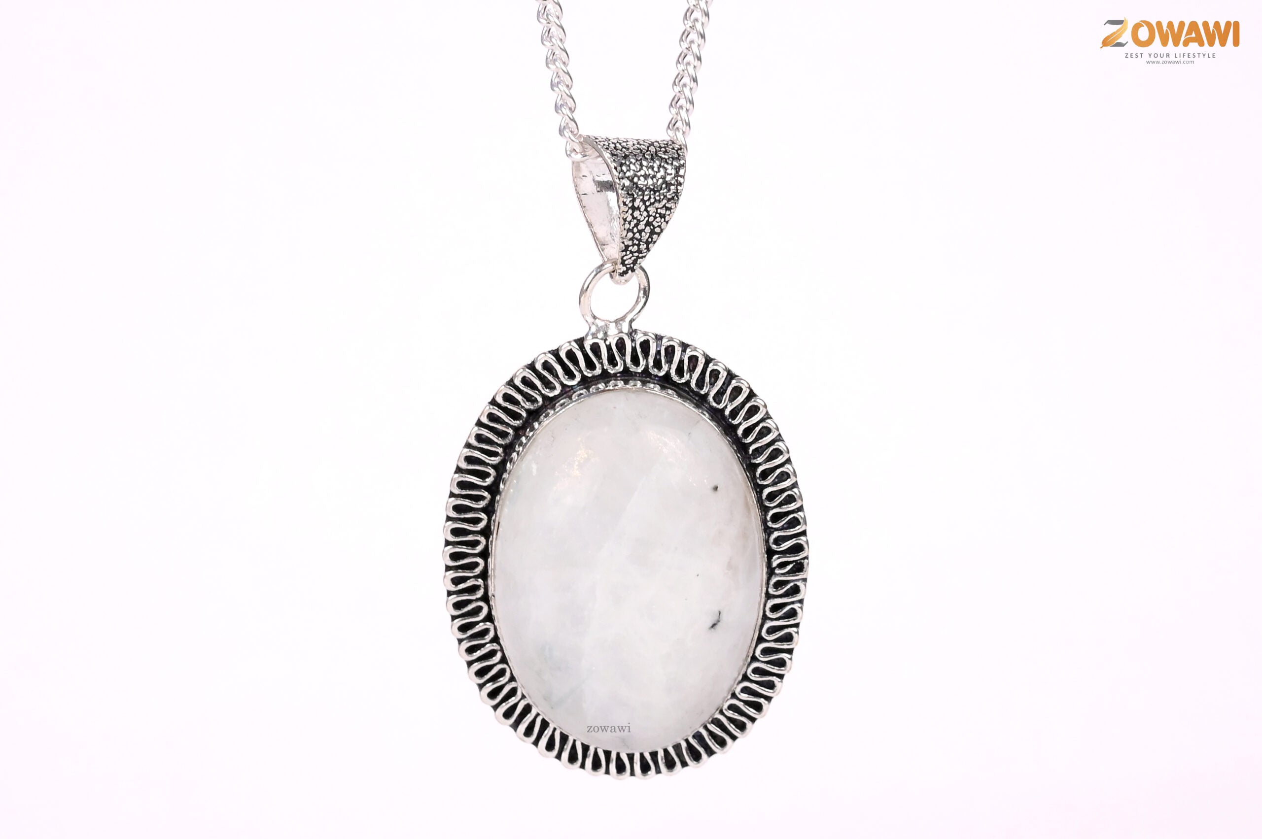 Natural Rainbow Moonstone Unisex Pendant In Sterling Silver With Neck Chain