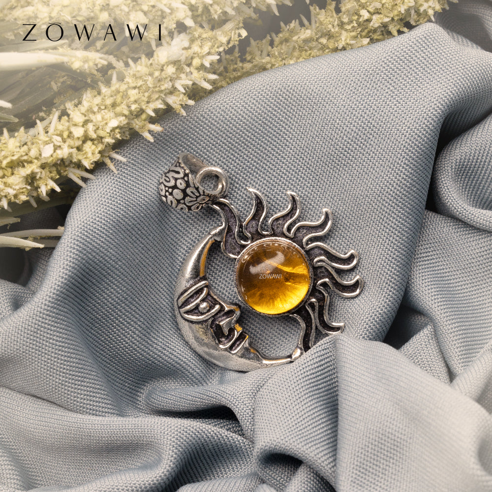Energized Citrine Pendant With Sun moon Symbols