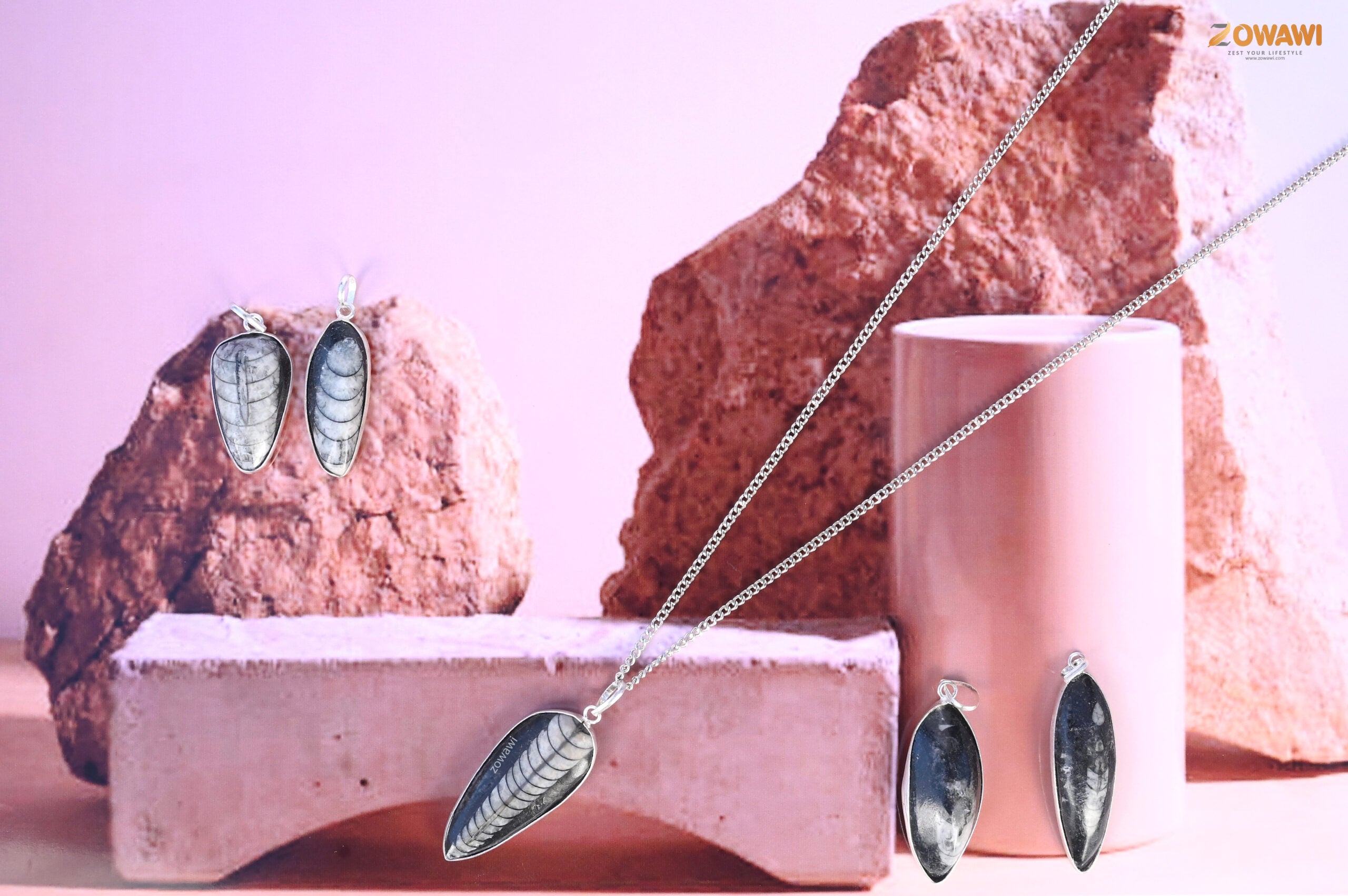 Natural Orthoceras Kuber Unisex Pendant In Sterling Silver