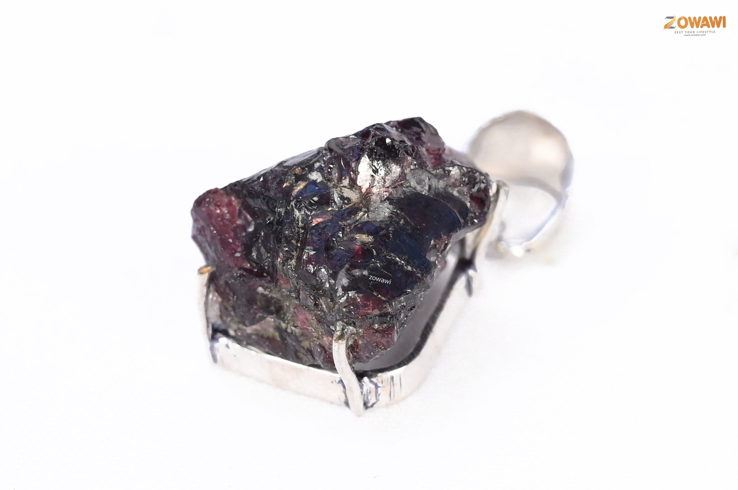 Natural Garnet Raw Unisex Pendant In Sterling Silver