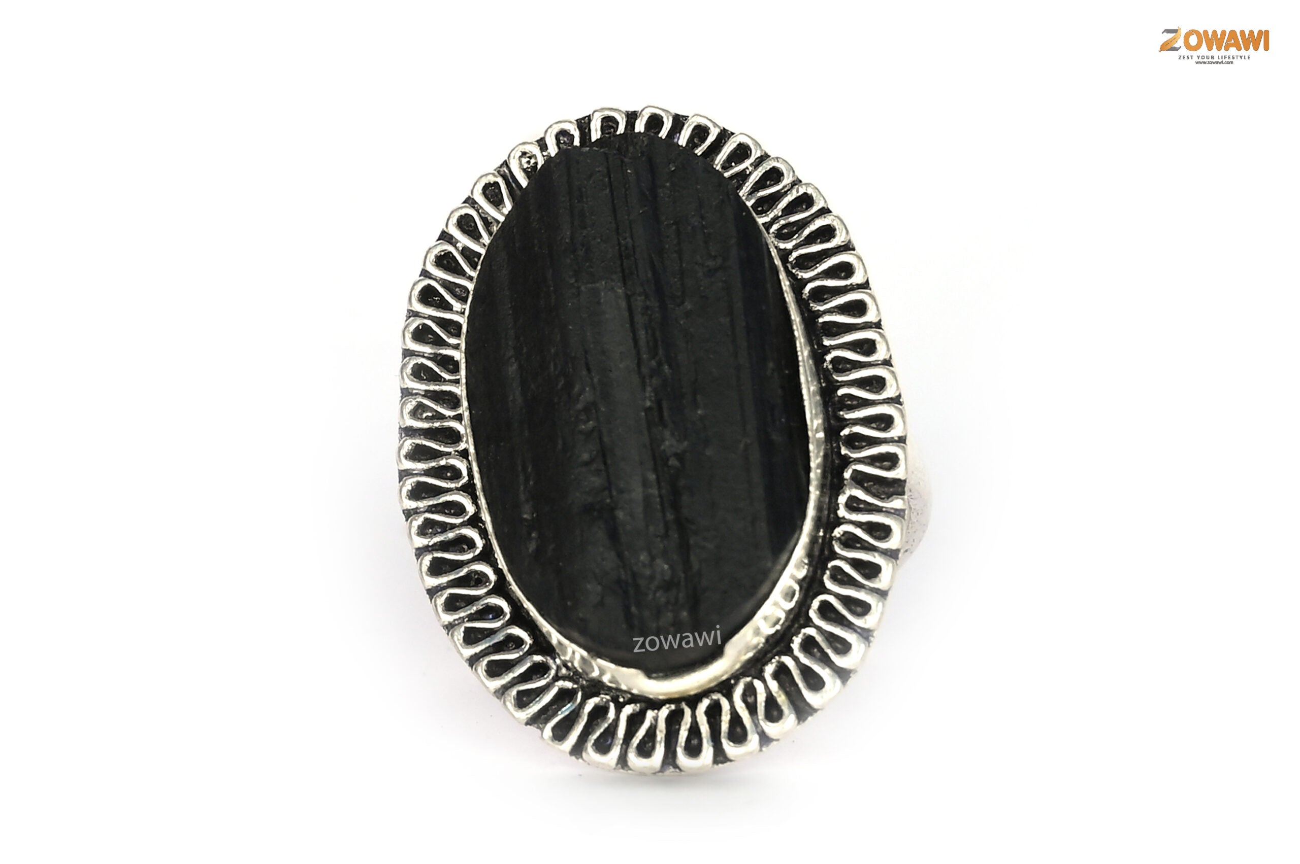 Natural Black Tourmaline Adjustable Ring In Sterling Silver