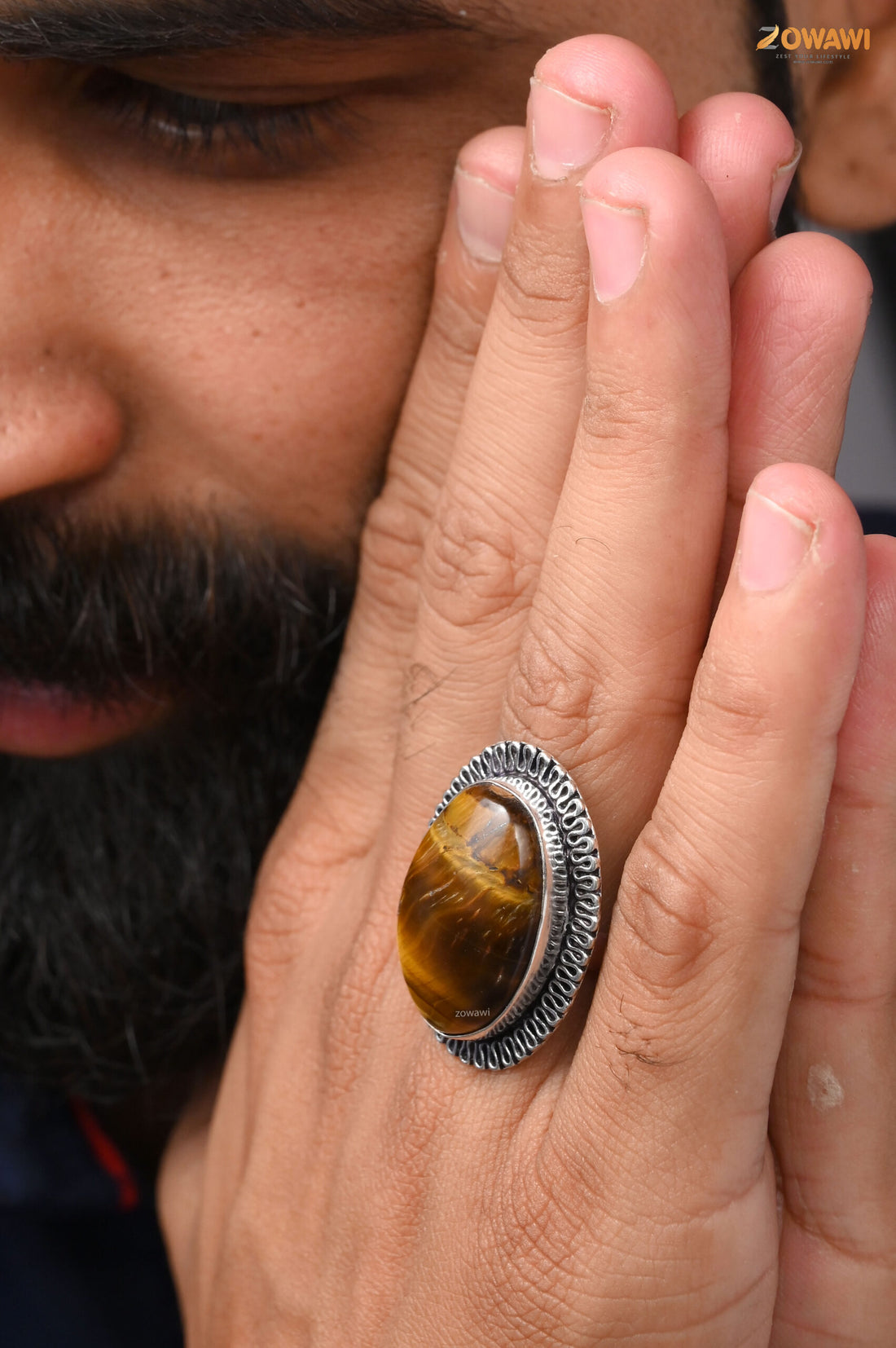 Natural Tiger Eye Adjustable Unisex Ring In Sterling Silver