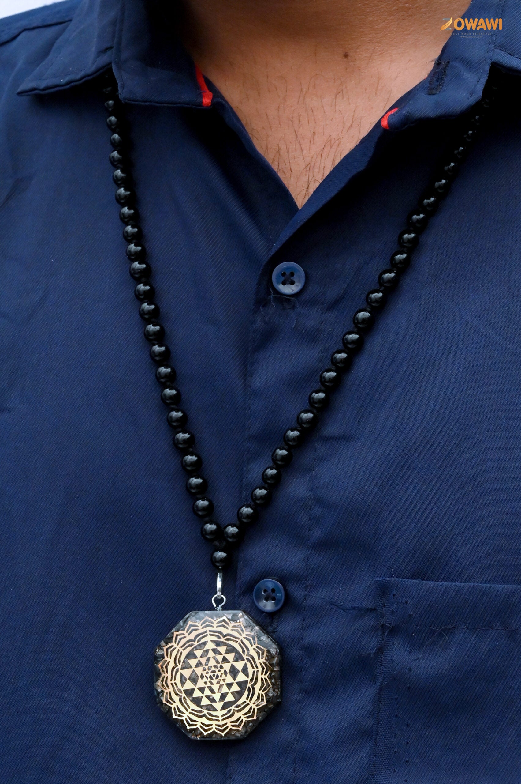 Natural Pyrite Orgone Pendant With Black Obsidian Rosary