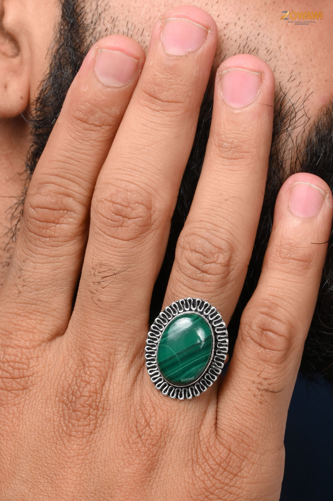 Natural Malachite Adjustable Ring In Sterling Silver