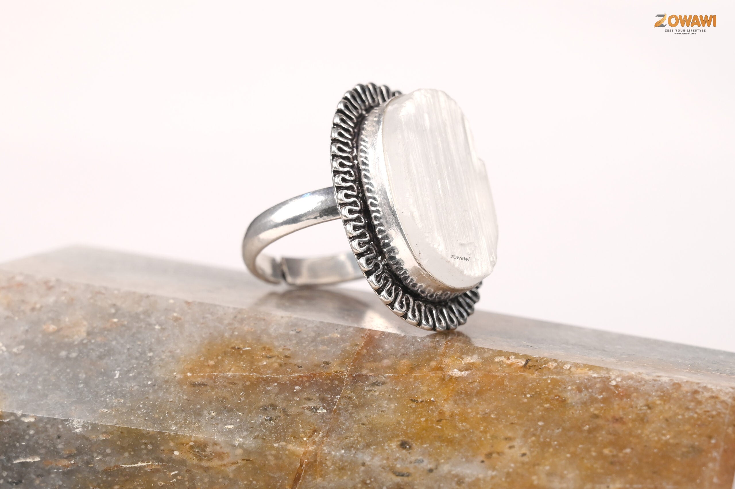 Natural Selenite Ring In Sterling Silver Unisex Ring