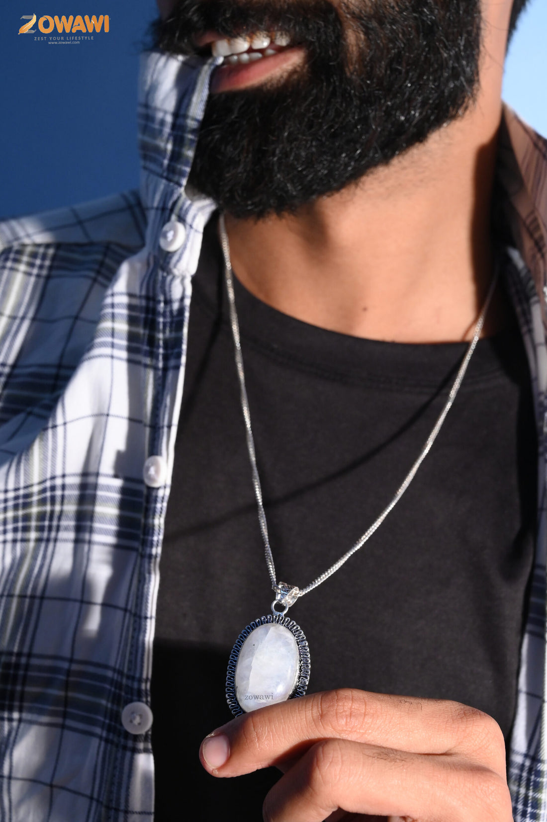 Natural Rainbow Moonstone Unisex Pendant In Sterling Silver With Neck Chain