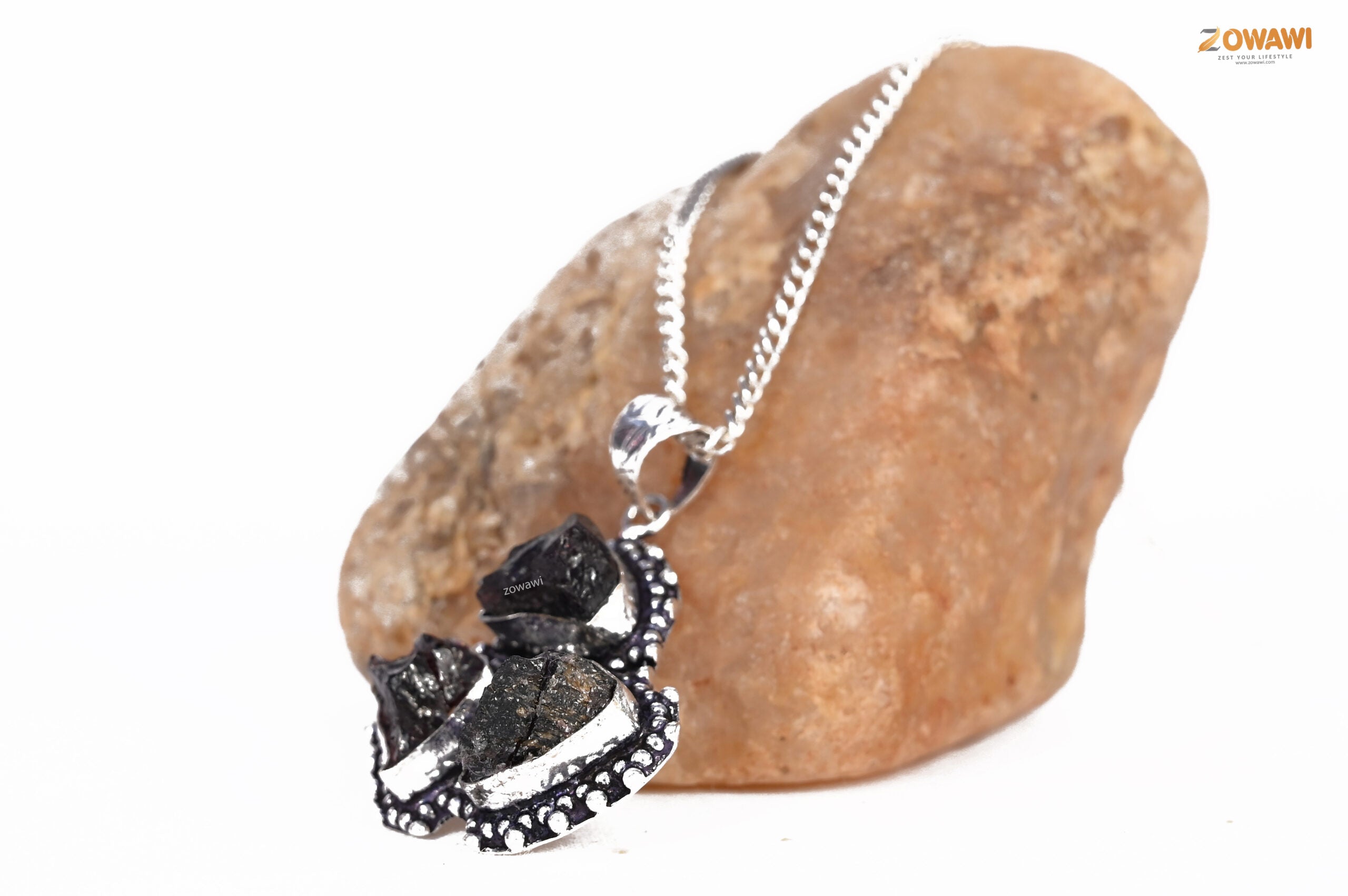 Natural Garnet Triple Stone Unisex Pendant In Sterling Silver