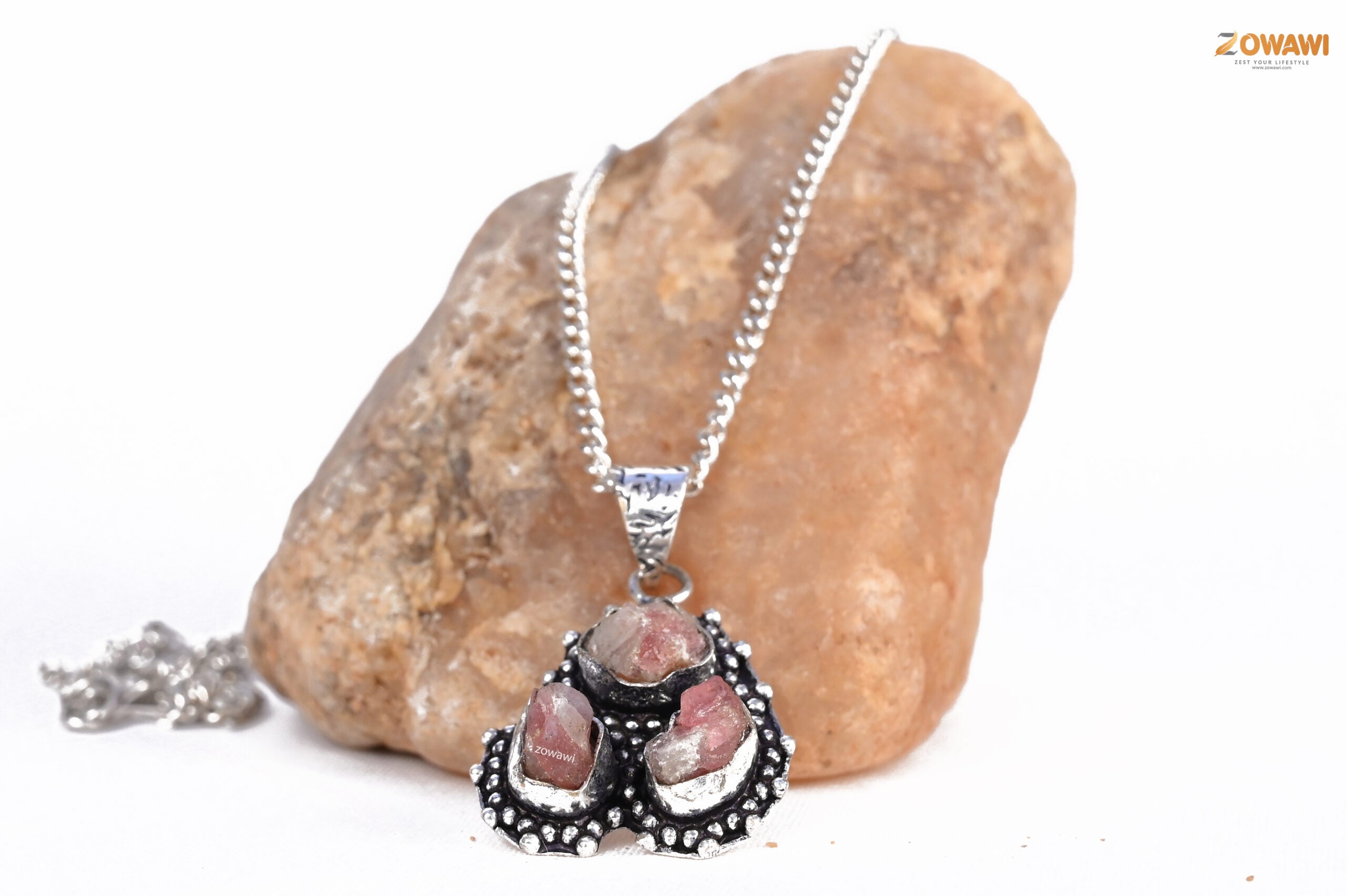 Natural Ruby Manek Triple Stone Unisex Pendant In Sterling Silver