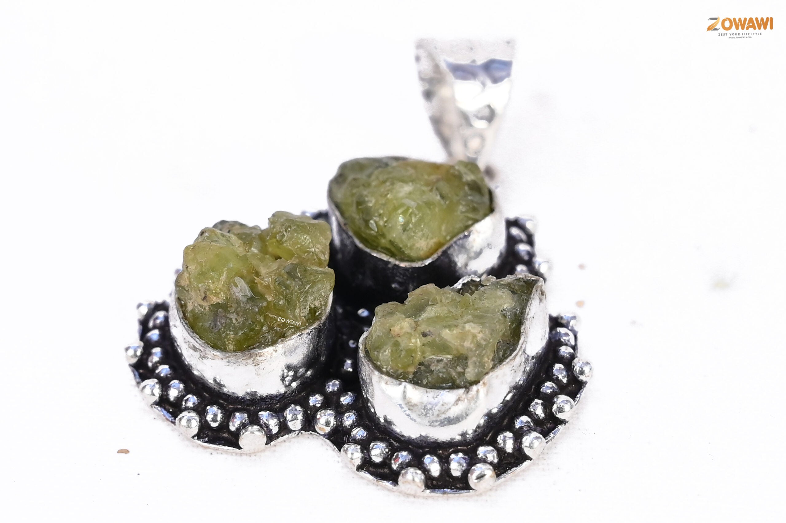 Natural Peridot Triple Stone Raw Pendant In Sterling Silver With Neck Chain