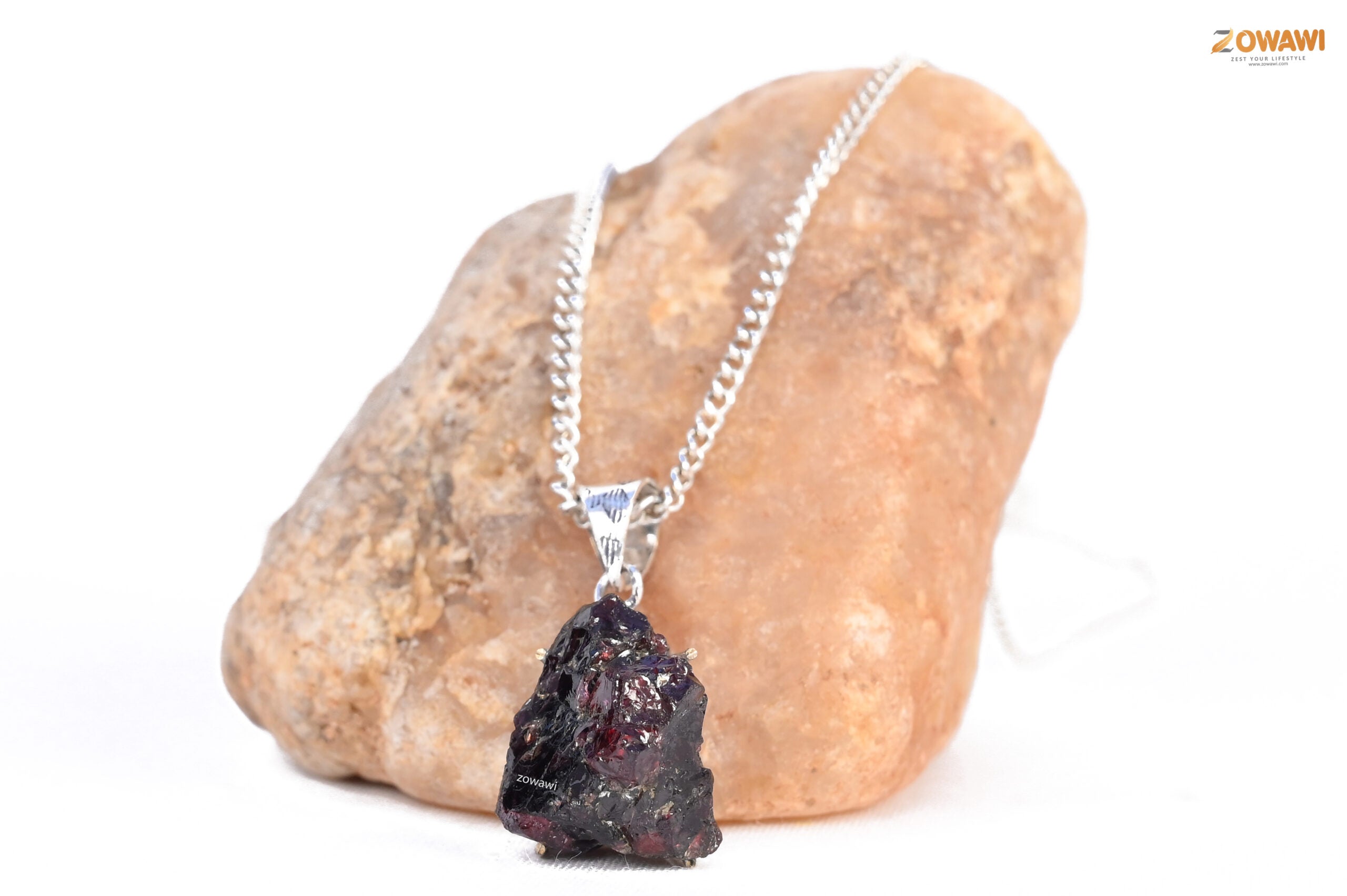 Natural Garnet Raw Unisex Pendant In Sterling Silver
