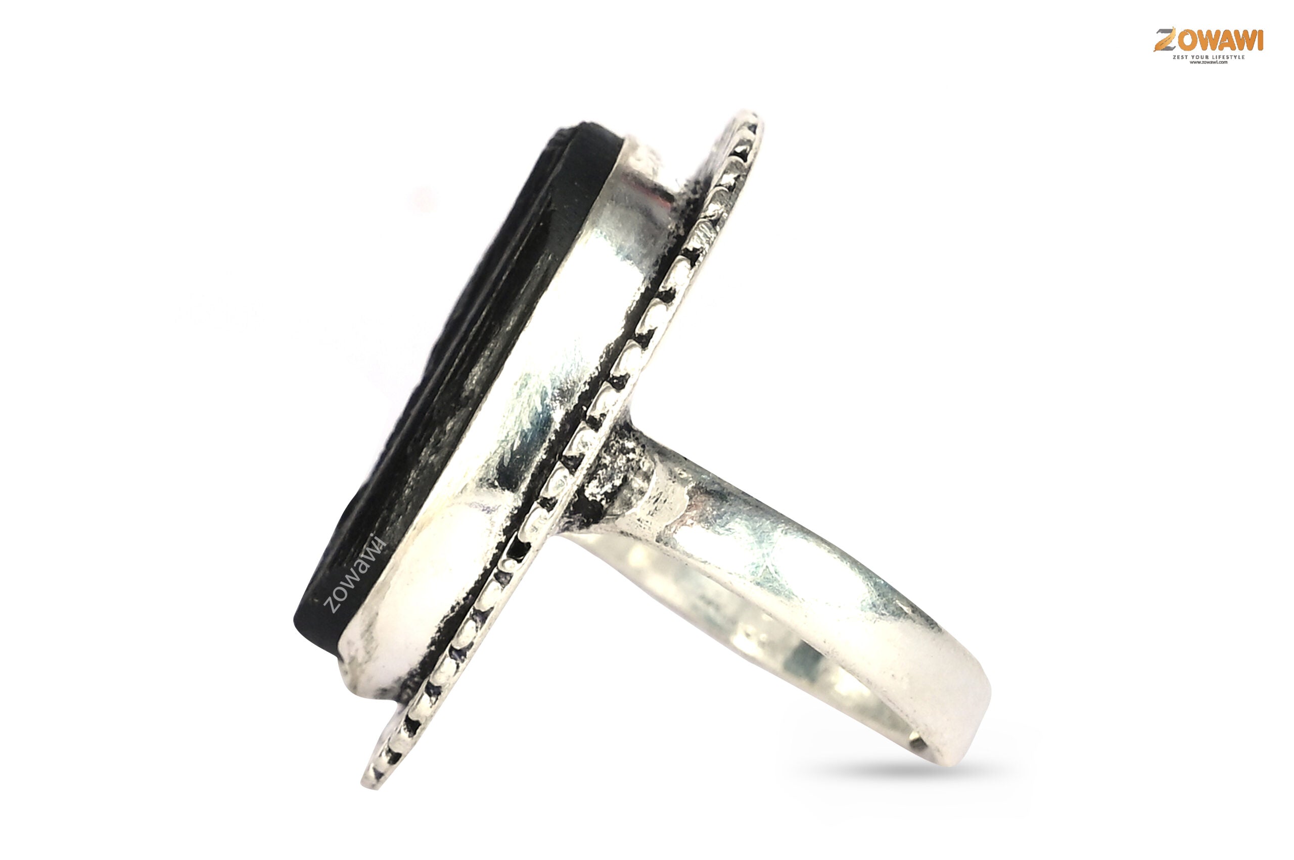 Natural Black Tourmaline Adjustable Ring In Sterling Silver