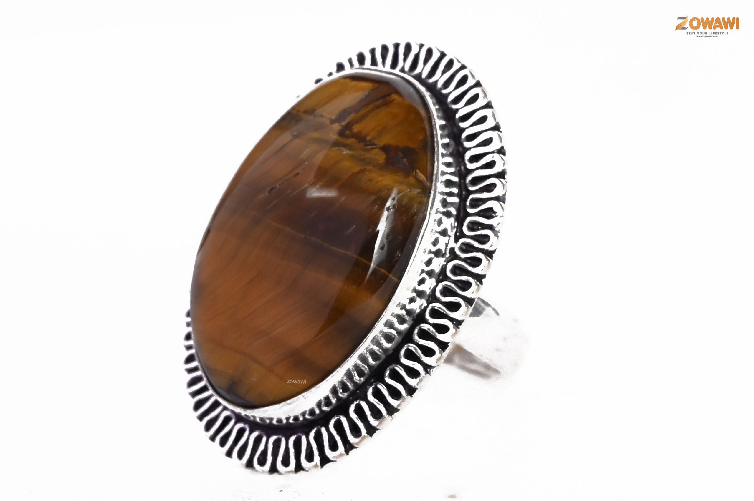 Natural Tiger Eye Adjustable Unisex Ring In Sterling Silver