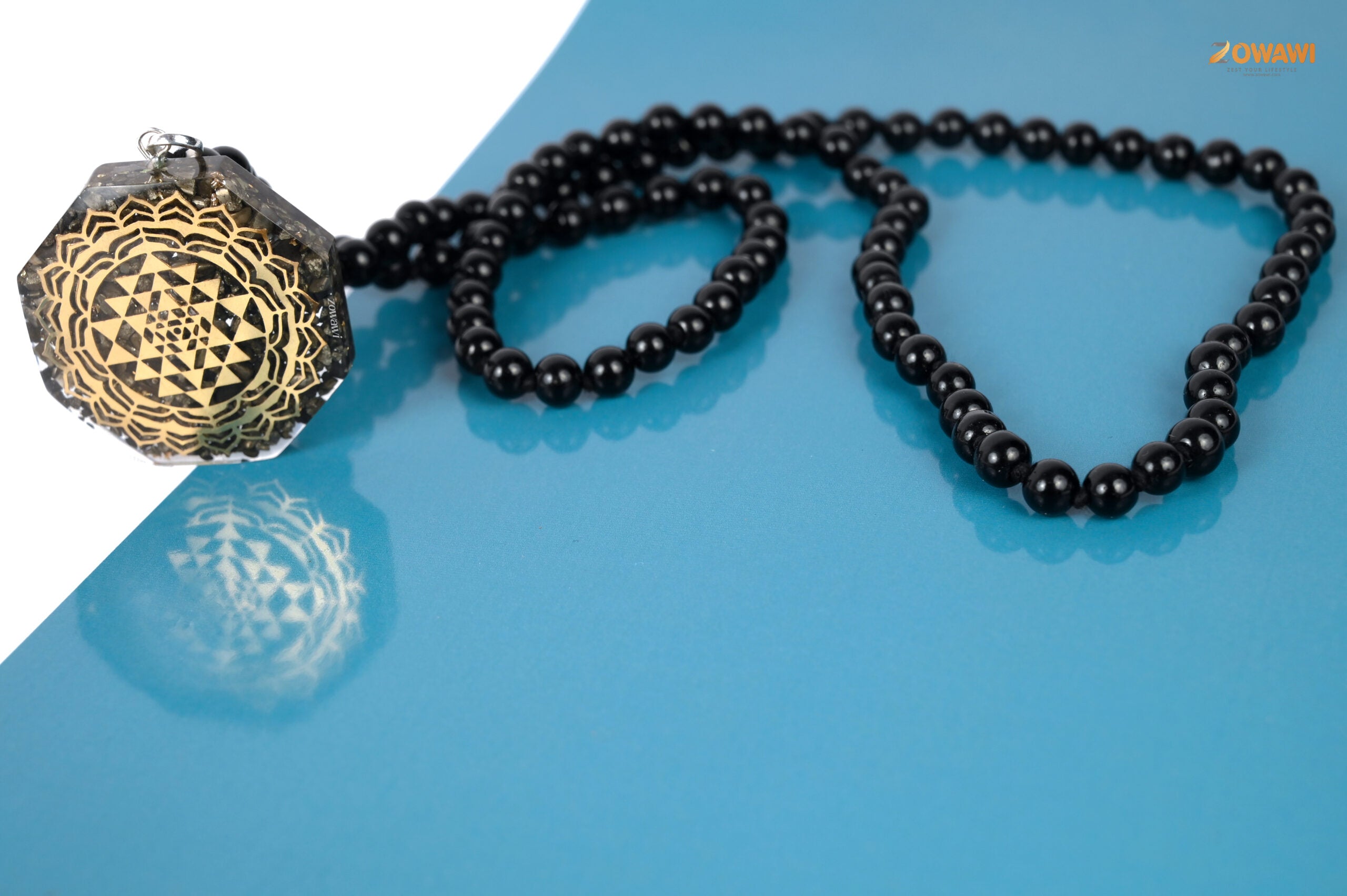 Natural Pyrite Orgone Pendant With Black Obsidian Rosary