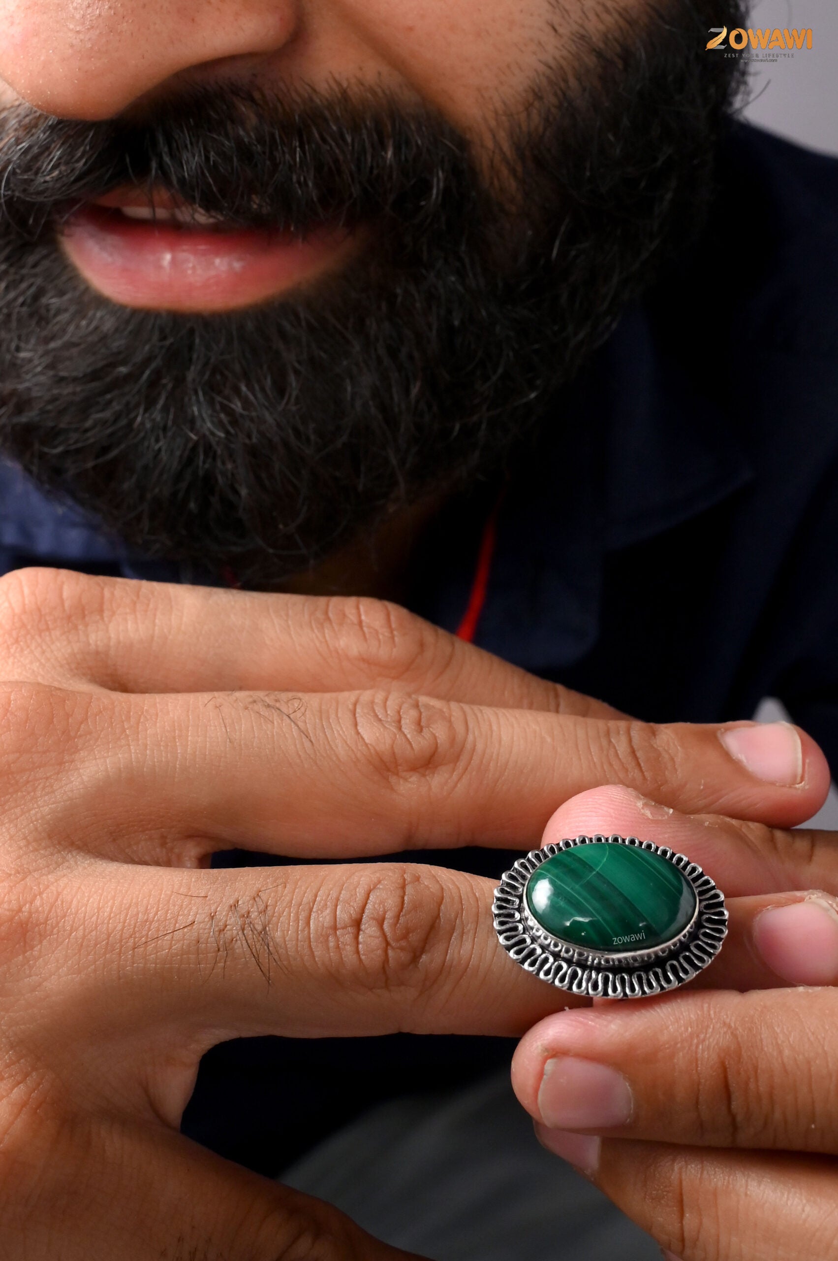 Natural Malachite Adjustable Ring In Sterling Silver