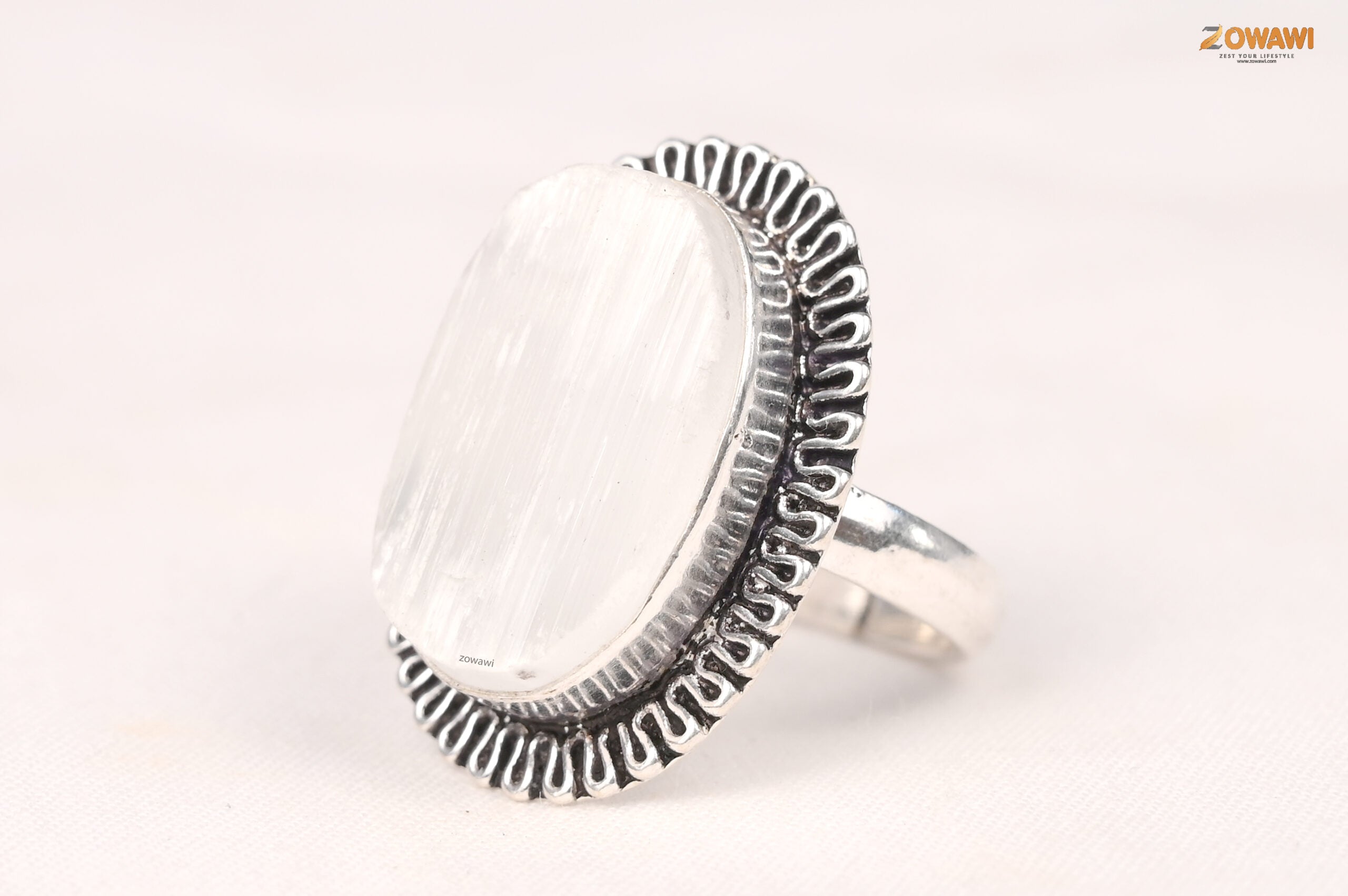 Natural Selenite Ring In Sterling Silver Unisex Ring