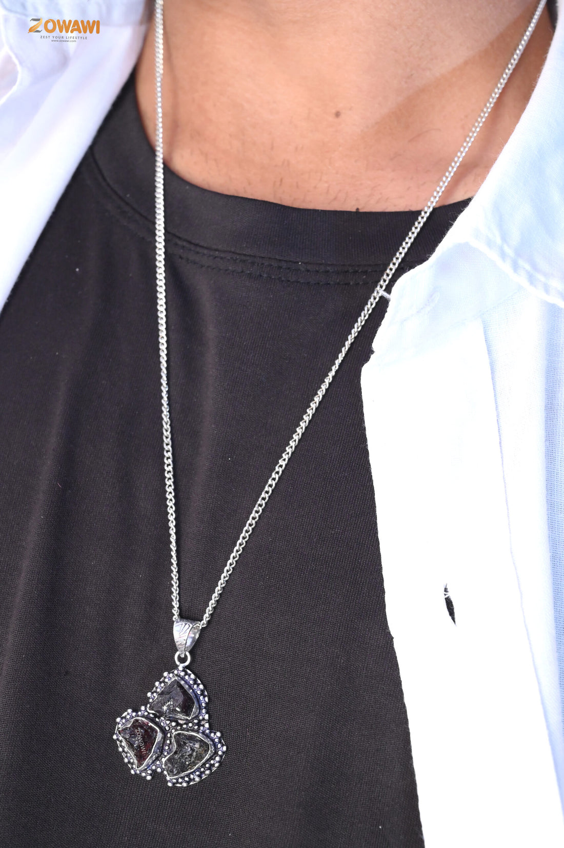 Natural Garnet Triple Stone Unisex Pendant In Sterling Silver