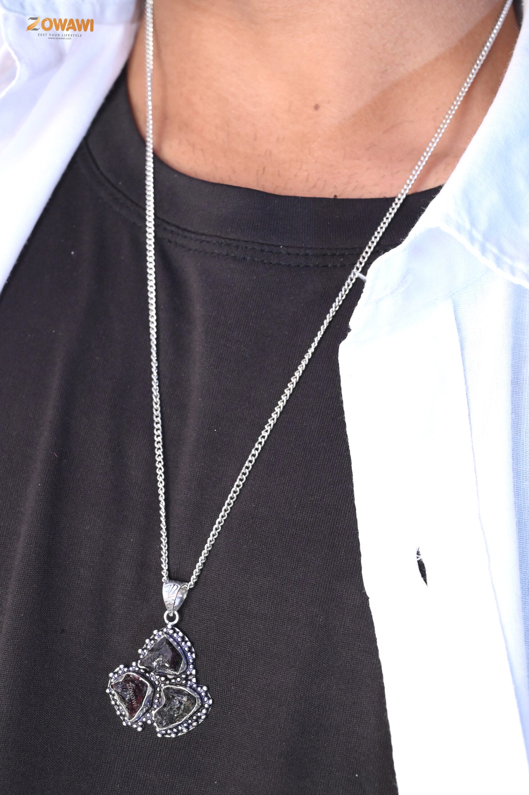 Natural Garnet Triple Stone Unisex Pendant In Sterling Silver