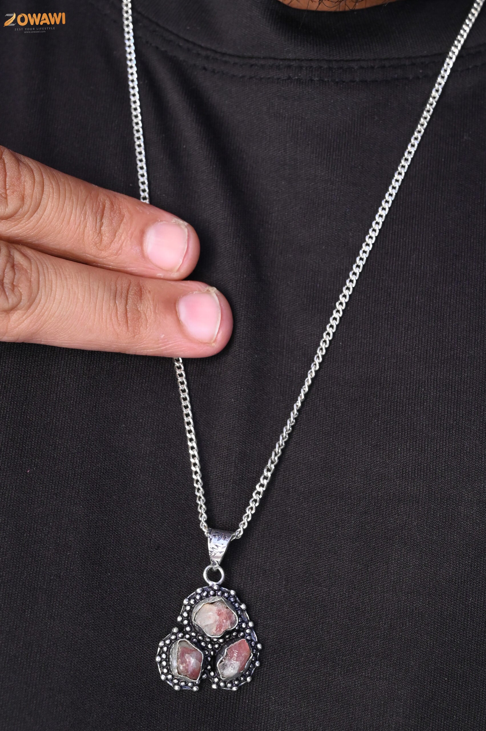 Natural Ruby Manek Triple Stone Unisex Pendant In Sterling Silver