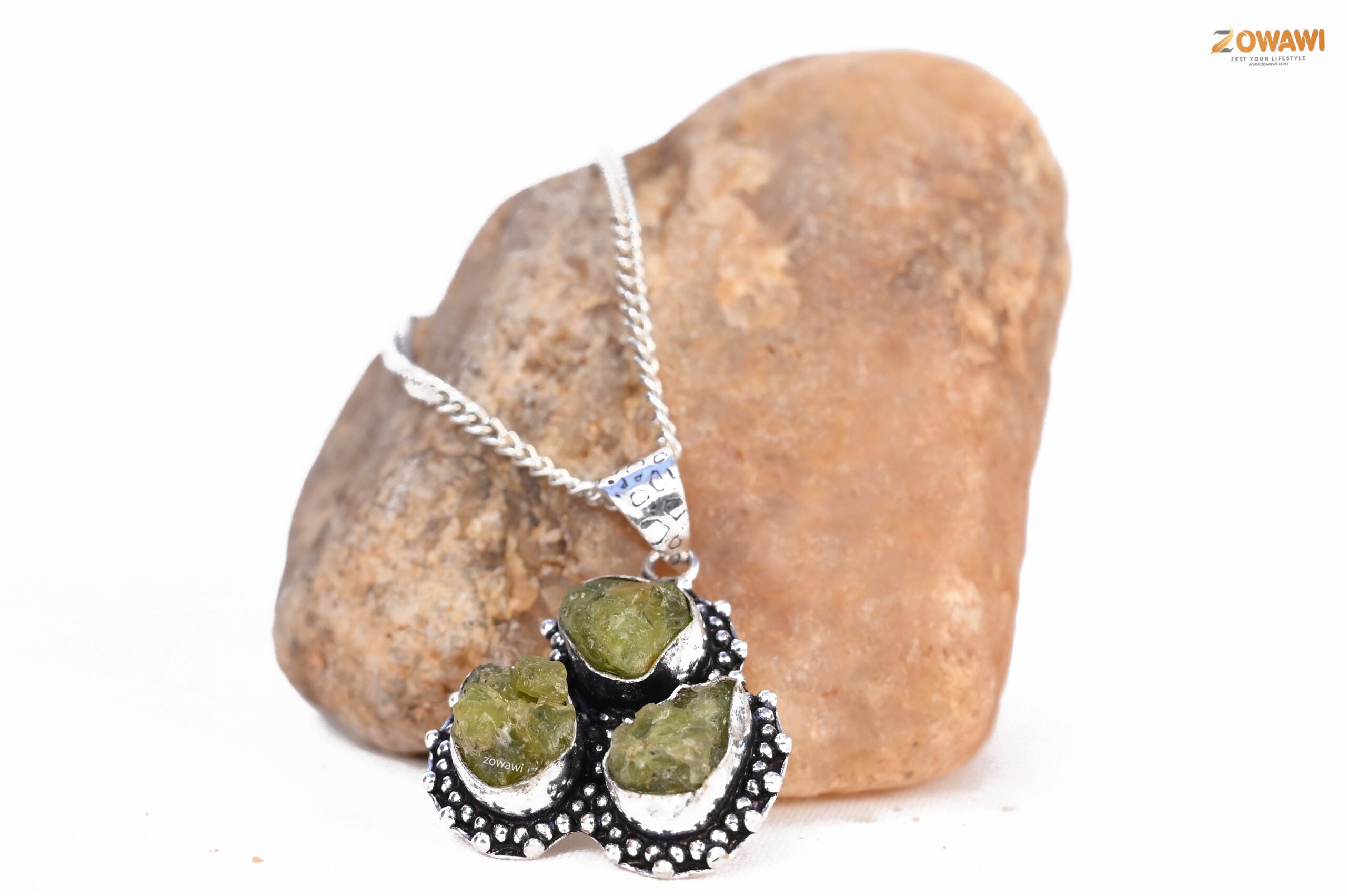 Natural Peridot Triple Stone Raw Pendant In Sterling Silver With Neck Chain