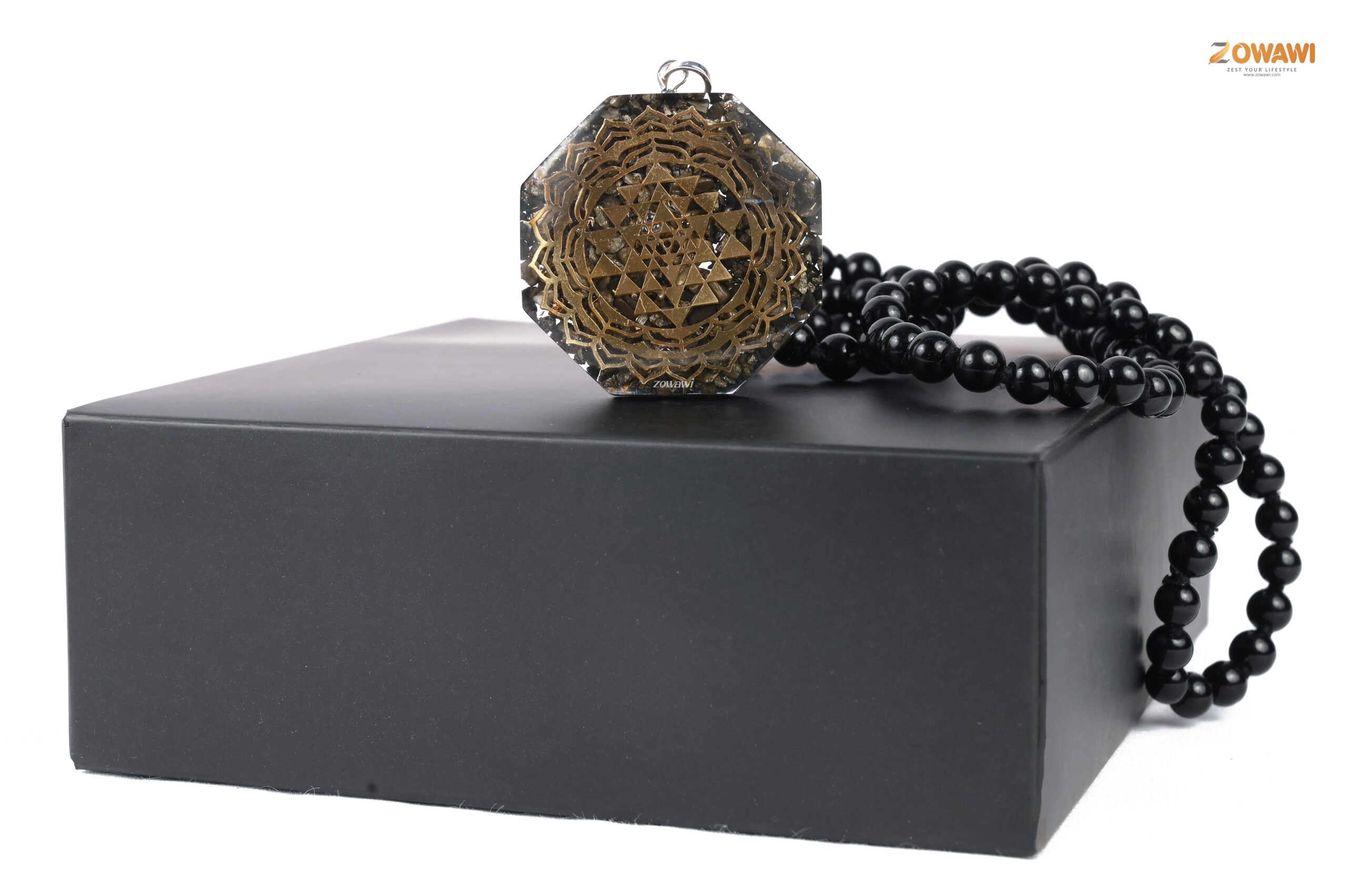 Natural Pyrite Orgone Pendant With Black Obsidian Rosary