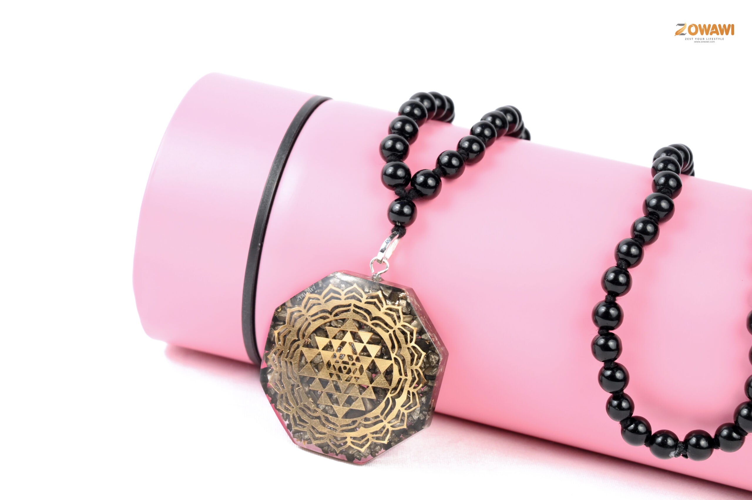Natural Pyrite Orgone Pendant With Black Obsidian Rosary