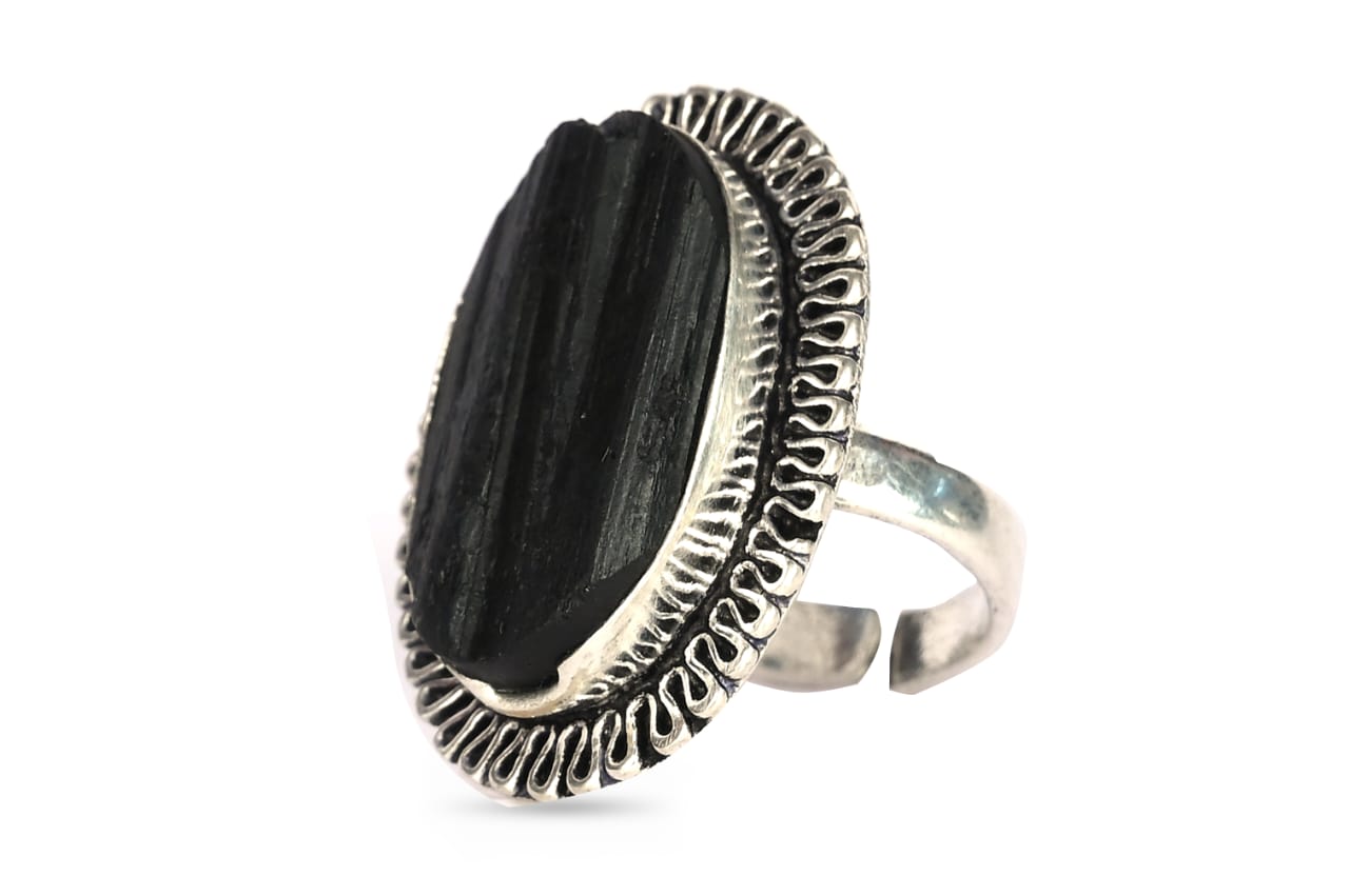 Natural Black Tourmaline Adjustable Ring In Sterling Silver