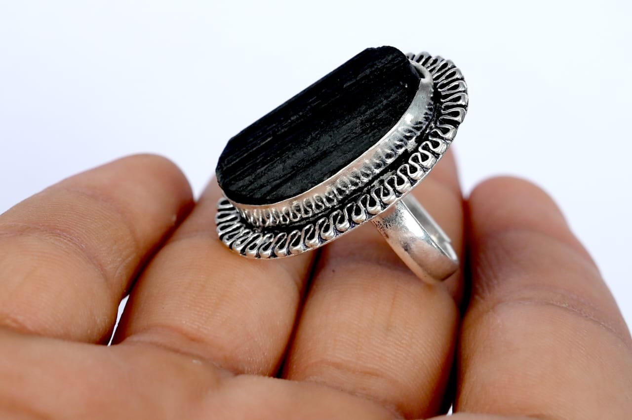 Natural Black Tourmaline Adjustable Ring In Sterling Silver