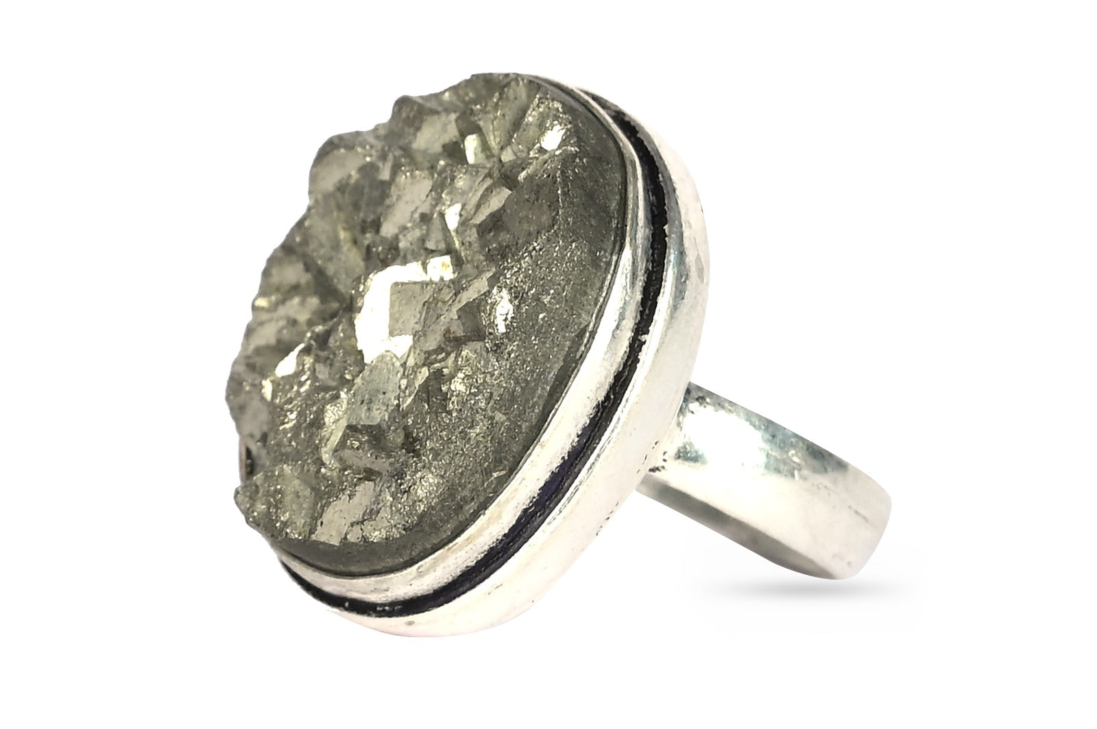 Natural Pyrite Geod Unisex Adjustable Ring In Sterling Silver