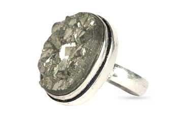 Natural Pyrite Geod Unisex Adjustable Ring In Sterling Silver