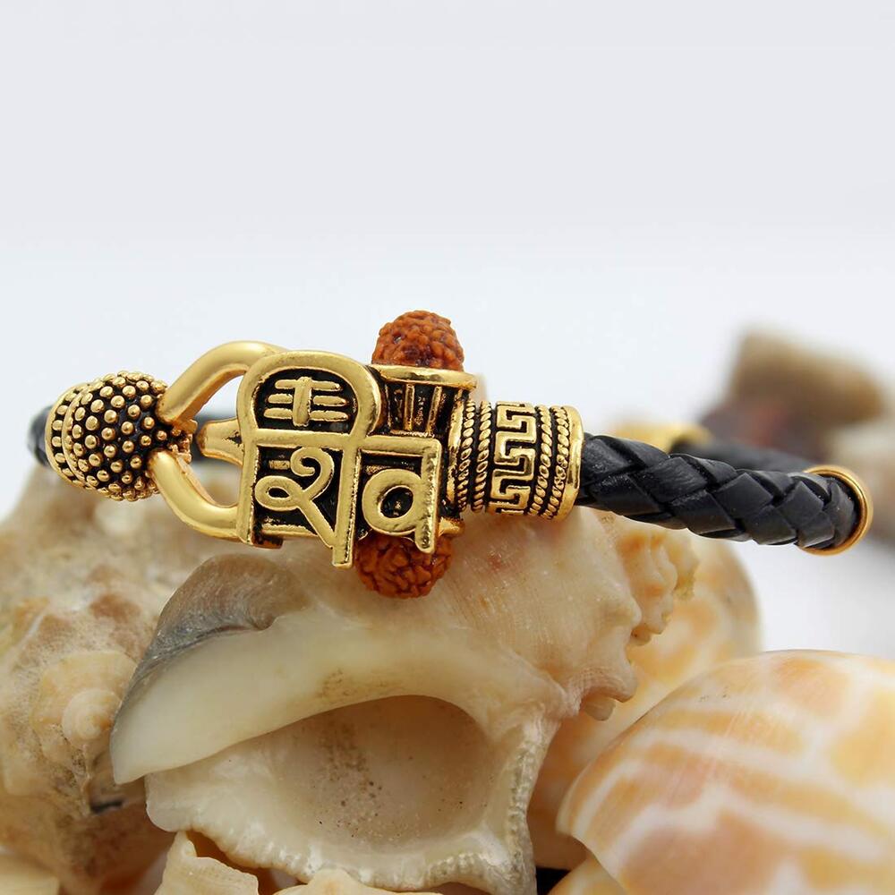 Lord Shiva Leather Ethnic Kada Bracelet (Gold)