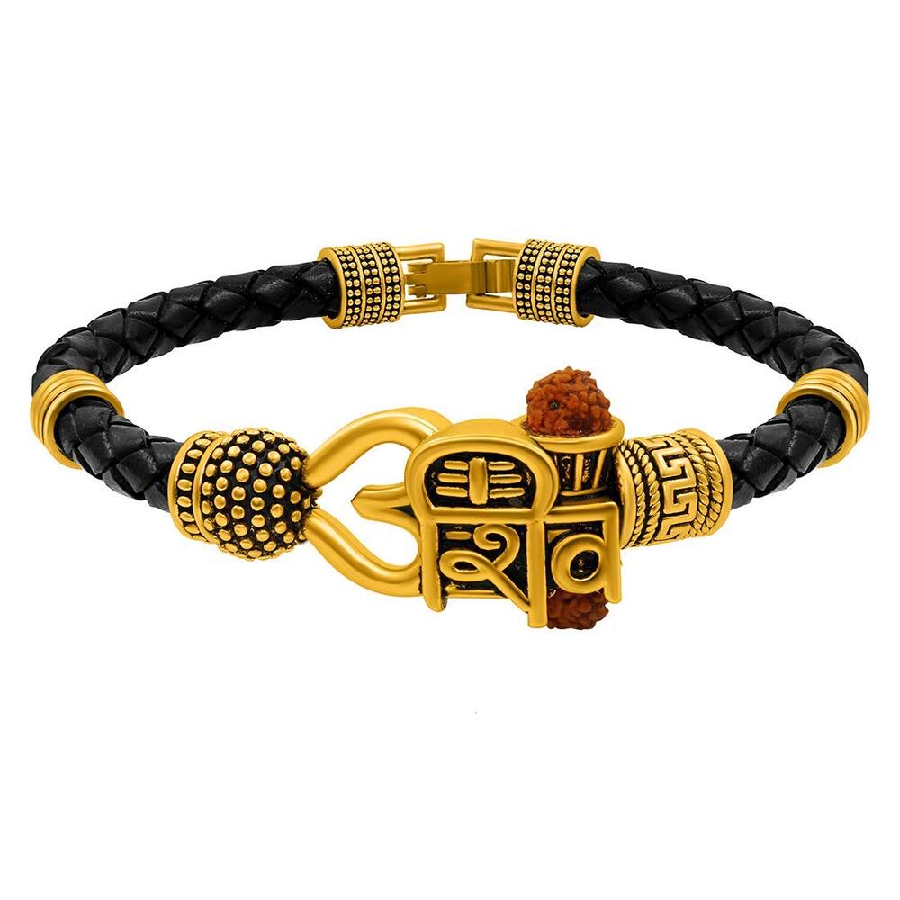 Lord Shiva Leather Ethnic Kada Bracelet (Gold)